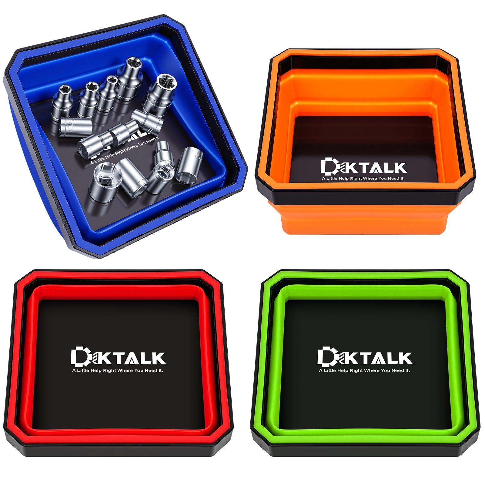 DIKTALK Foldable Magnetic Parts Tray Set - 4 Pack Color-Coded Collapsible Trays, 2lb Capacity & Strong Magnet Base for Auto Repa