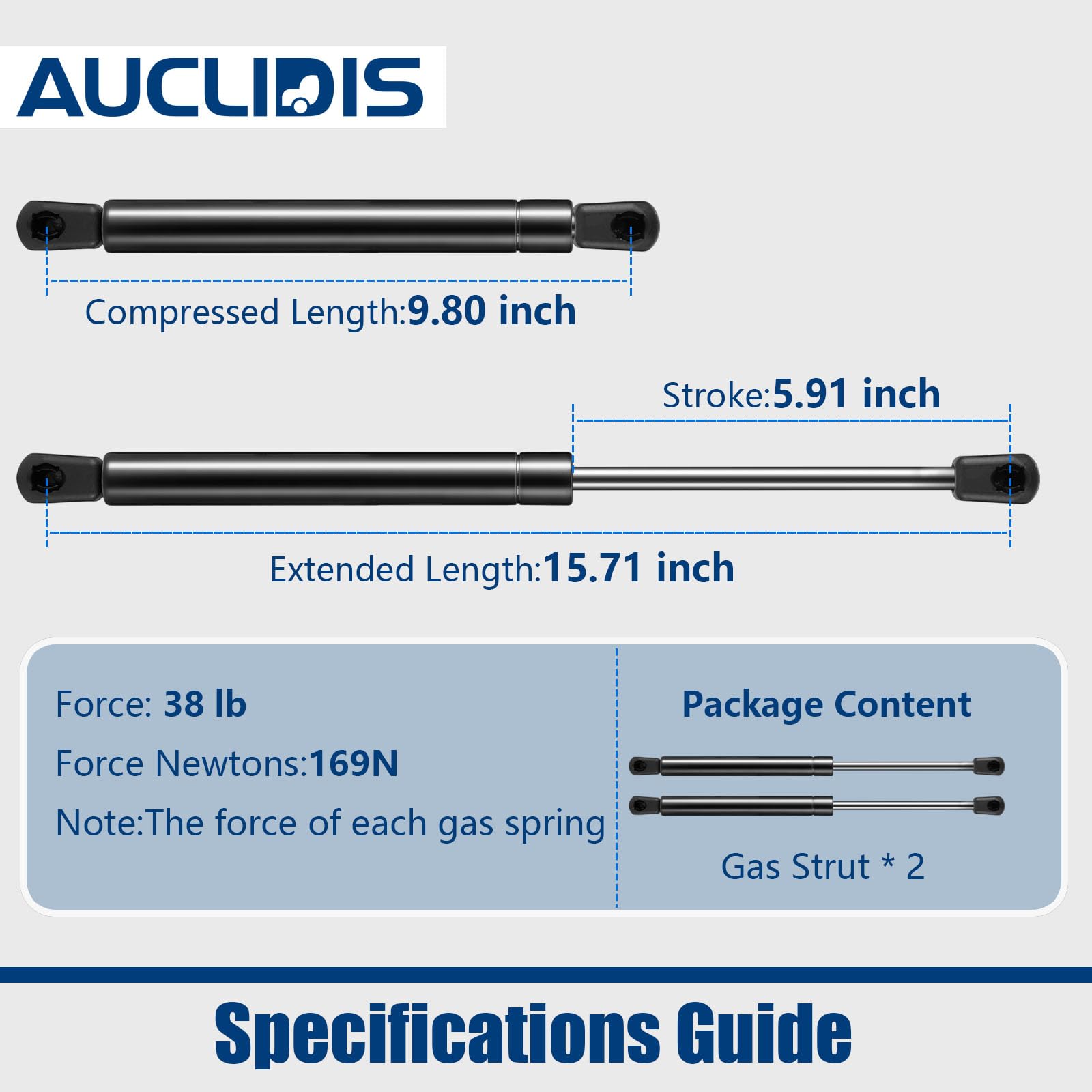 AUCLIDIS Gas Strut Shock Spring Lift Support for Leer Camper Shell, 16 inch, BLACK, Model C16-09209, Set of 2