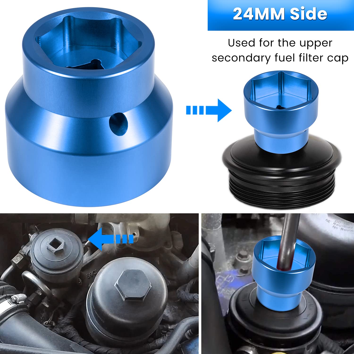 Fuel Filter/Oil Filter Socket 24Mm / 36Mm Reversible Fuel Filter Cap Remover And Installer Assistant For 2003-2010 6.0L / 6.4L F