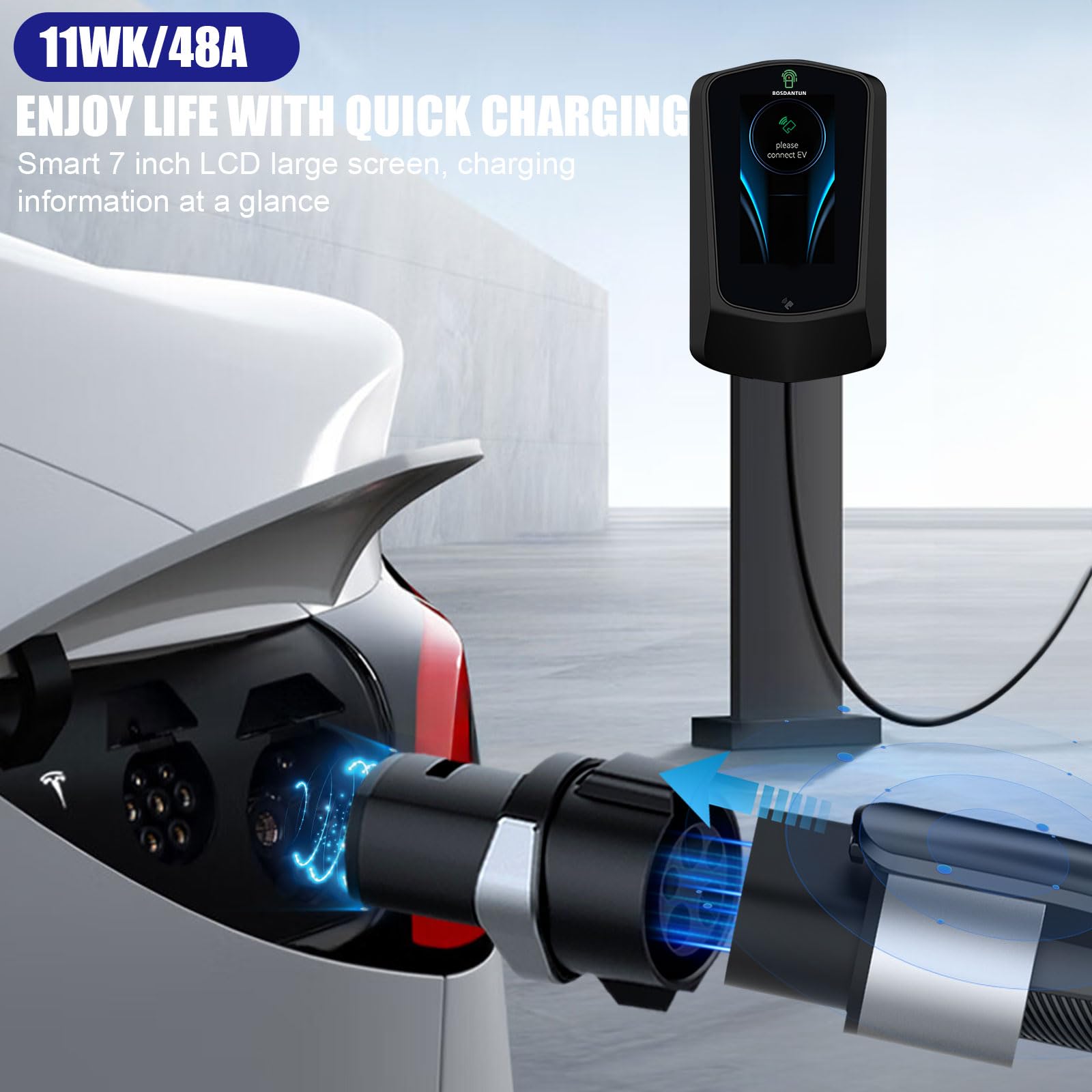 Bosdantun Tesla Ev Charger Level 2 48A 240V 25Ft Cable Tesla Home Charger J1772 Wall Charger For Model X Mode 3 Mode Y Free J1772 To Tesla Charger Adapter(Black)