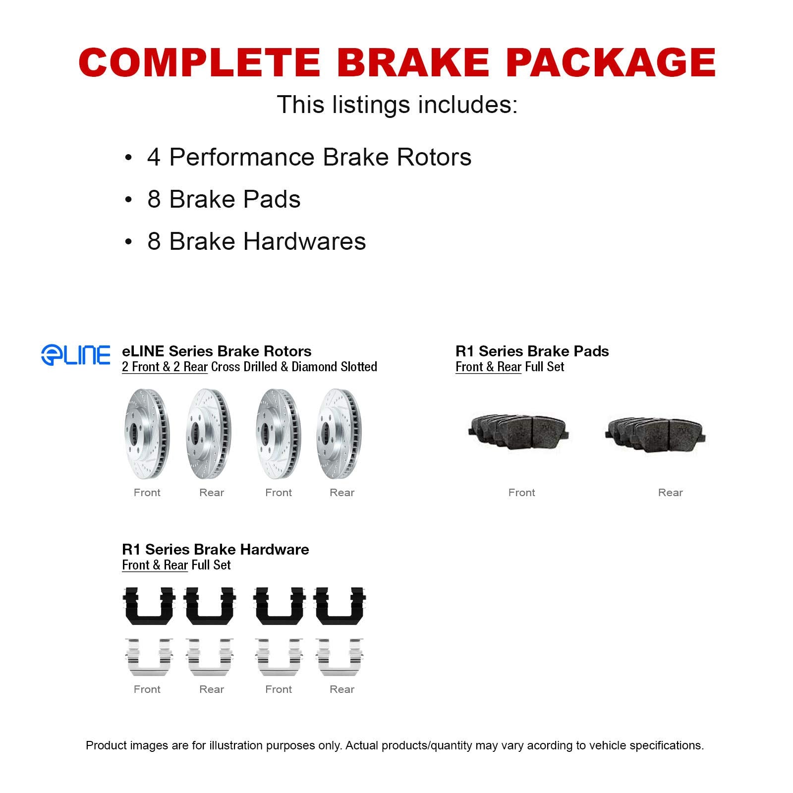 R1 Concepts Front Rear Brakes And Rotors Kit |Front Rear Brake Pads| Brake Rotors And Pads| Ceramic Brake Pads And Rotors |Hardware Kit|Fits 2012-2015 Volkswagen Passat