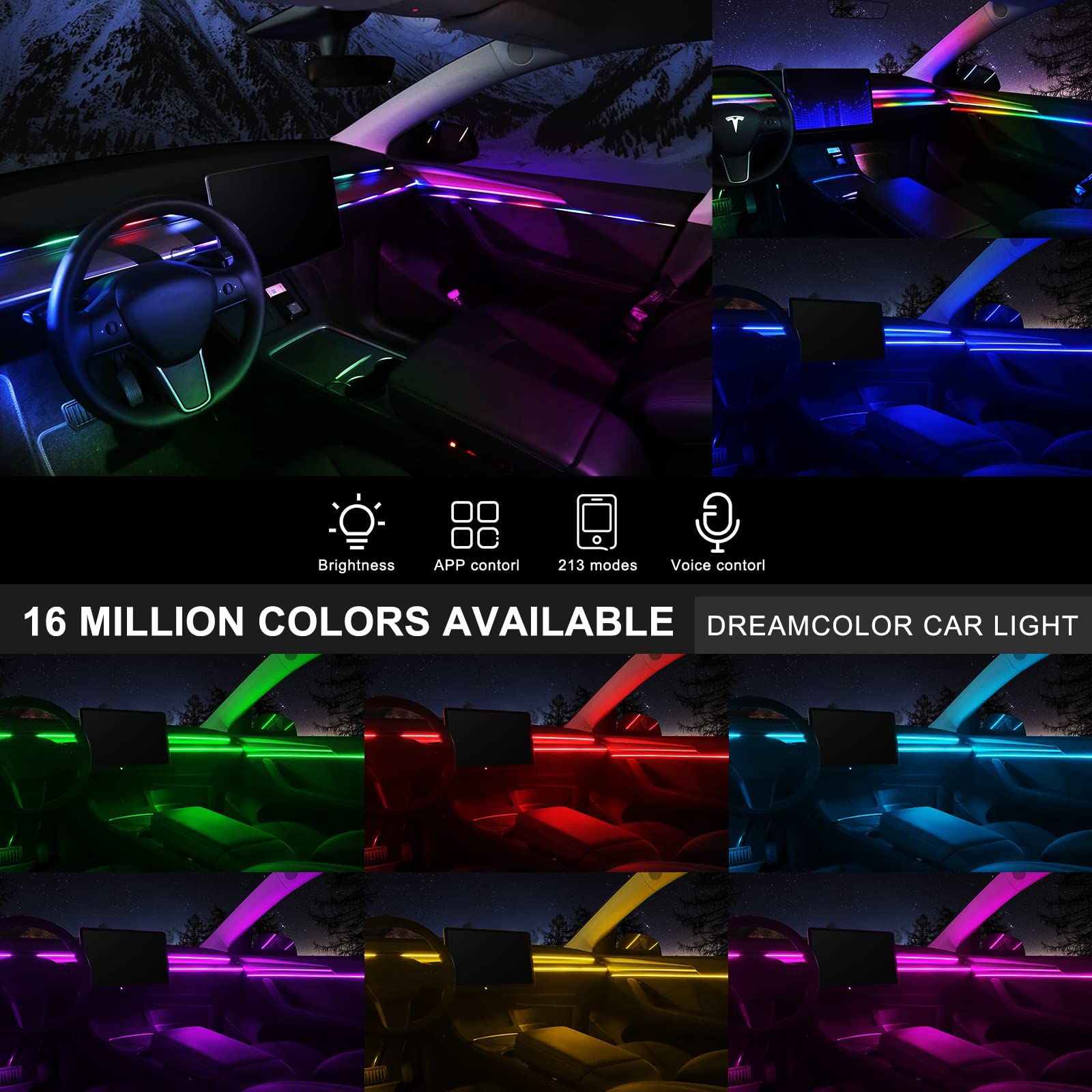 Acrylic Interior Car Led Strip Light With Wireless App, Rgb 22 In 1 With 175 Inches 593 Leds Fiber Optic Ambient Lighting Kits,