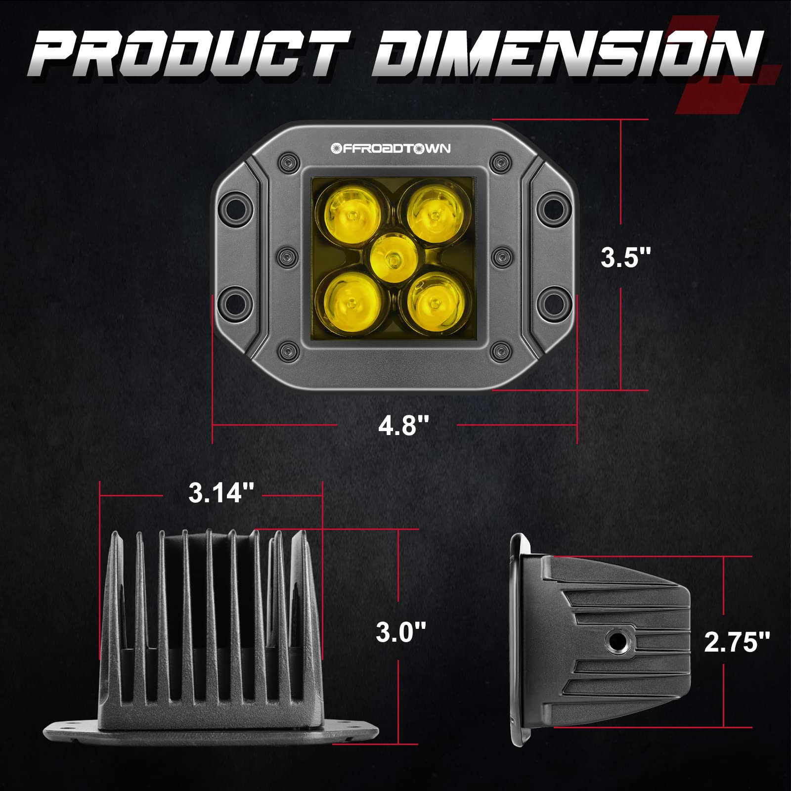 OFFROADTOWN 5 Inch Yellow CREE Flush Mount LED Pods, 100W Spot Lights for Trucks, UTV, ATV, SUV, Jeep, Boat - Model D20048