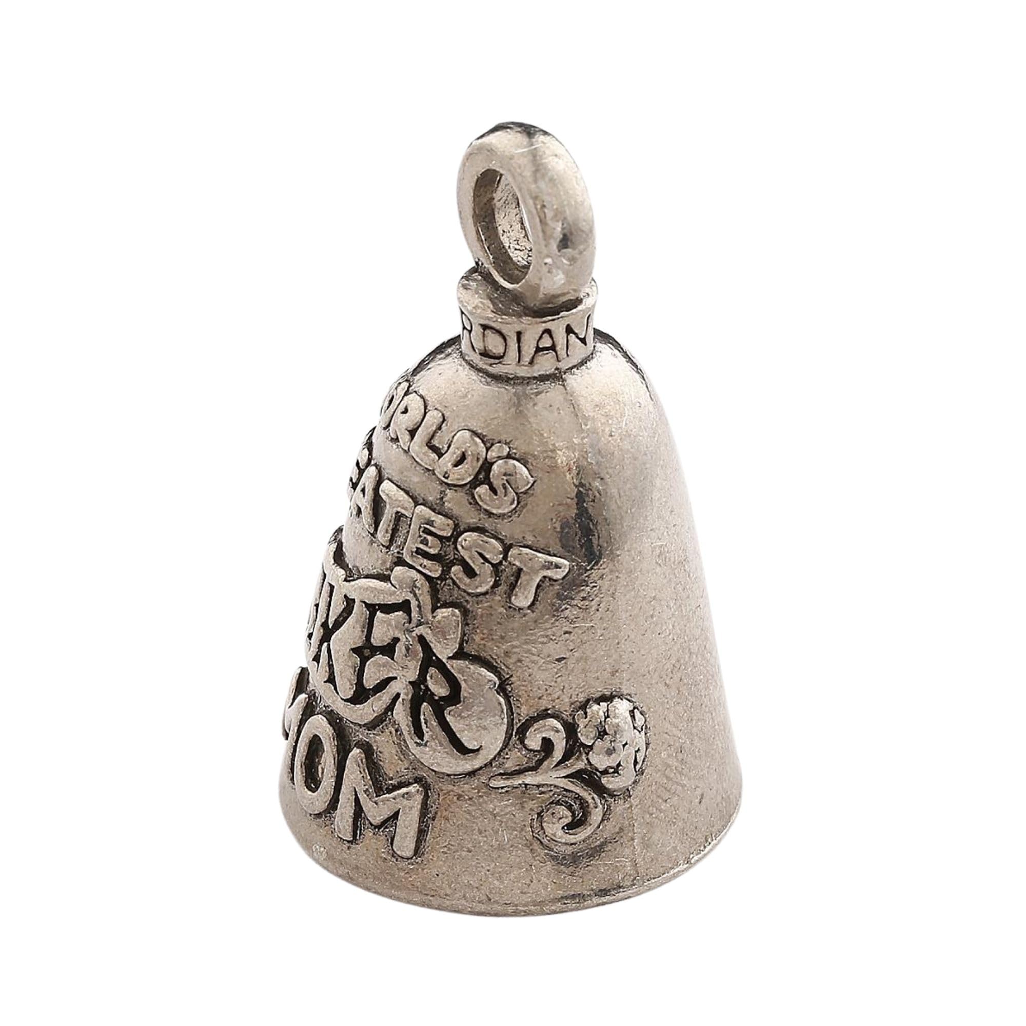Guardian Bell Worlds Greatest Biker Mom Good Luck Bell w/Keyring & Black Velvet Gift Bag | Motorcycle Bell | Lead-Free Pewter |