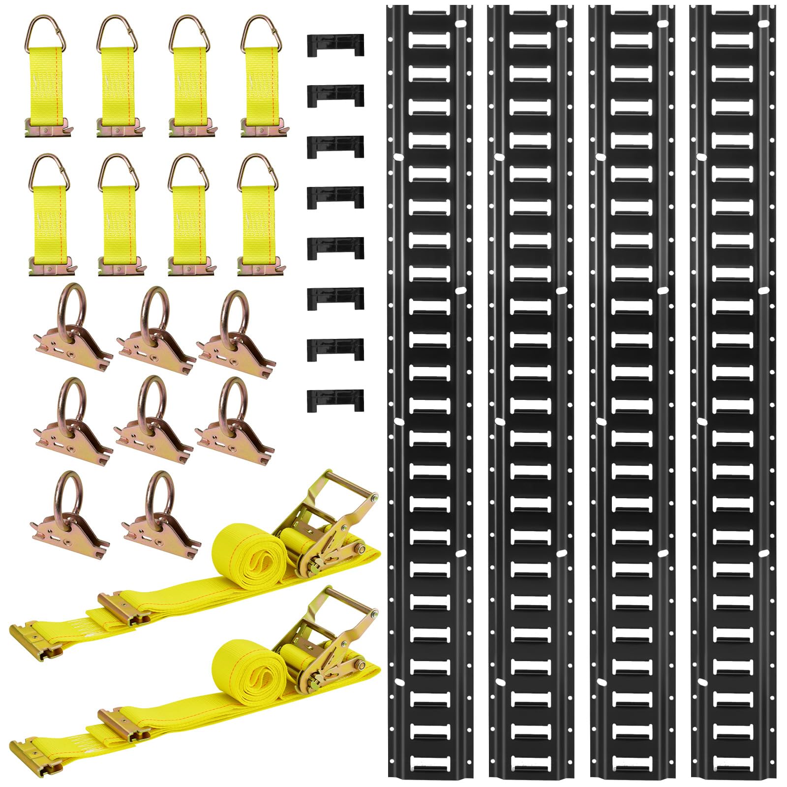 VEVOR E-Track Tie-Down Rail Kit, 4 Pack 7.7 ft E Track Rails, 26 Pcs Includes 2 Ratchet Straps & 8 O-Rings & 8 Tie-Offs with D-R