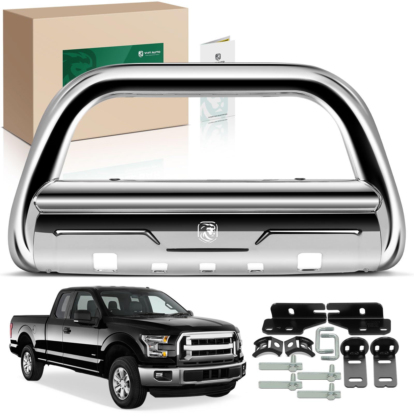 YHTAUTO 3.5 Bull Bar Push Bar with Skid Plate Light Mount Fit Ford F-150 2004-2024, F-150 Lightning 2022-2025, Expedition 2003-2