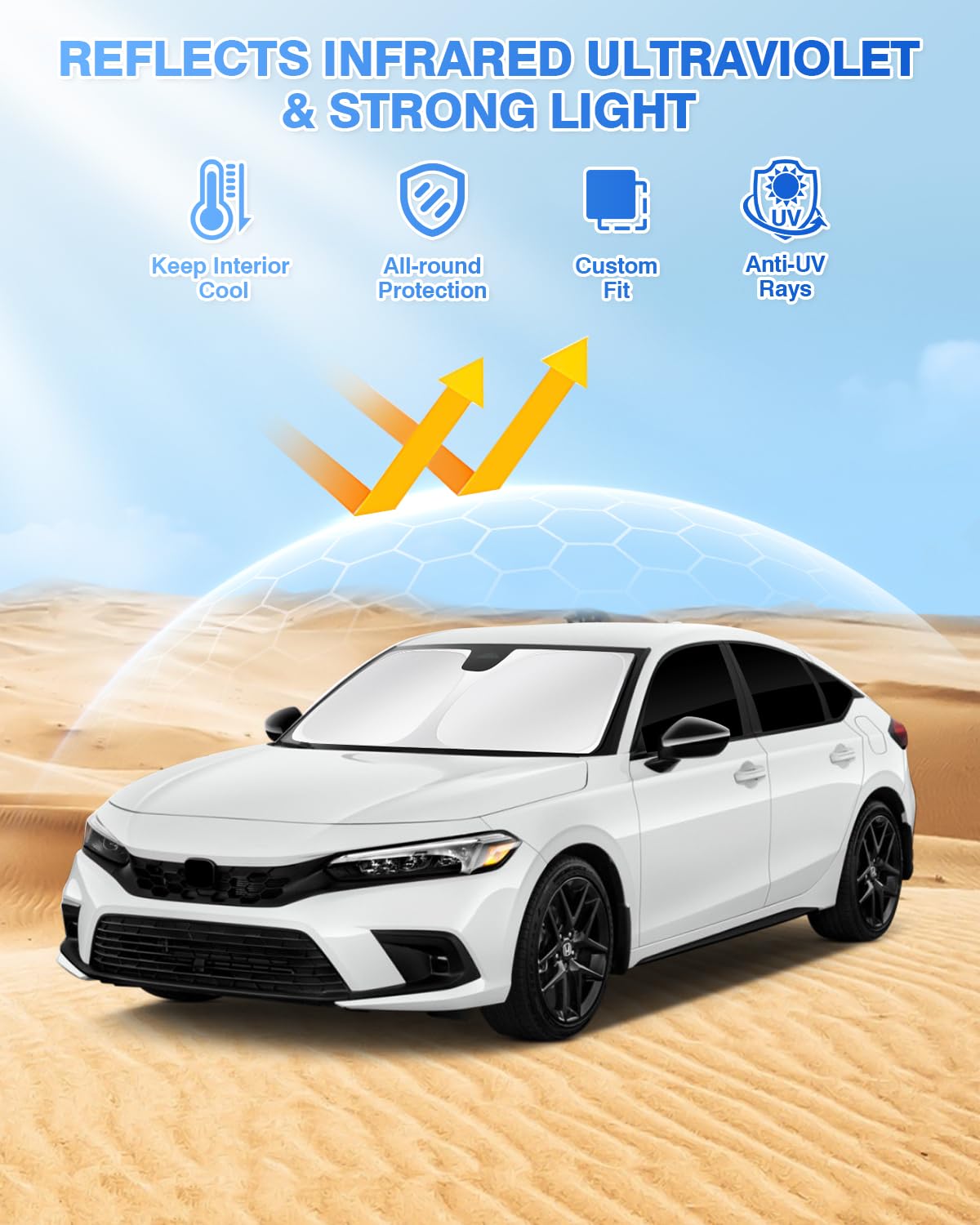 Canvcle Windshield Sun Shade Kit for Honda Civic 11th Gen 2022-2025, Black, 8PCS, Polyester, Full Window Coverage