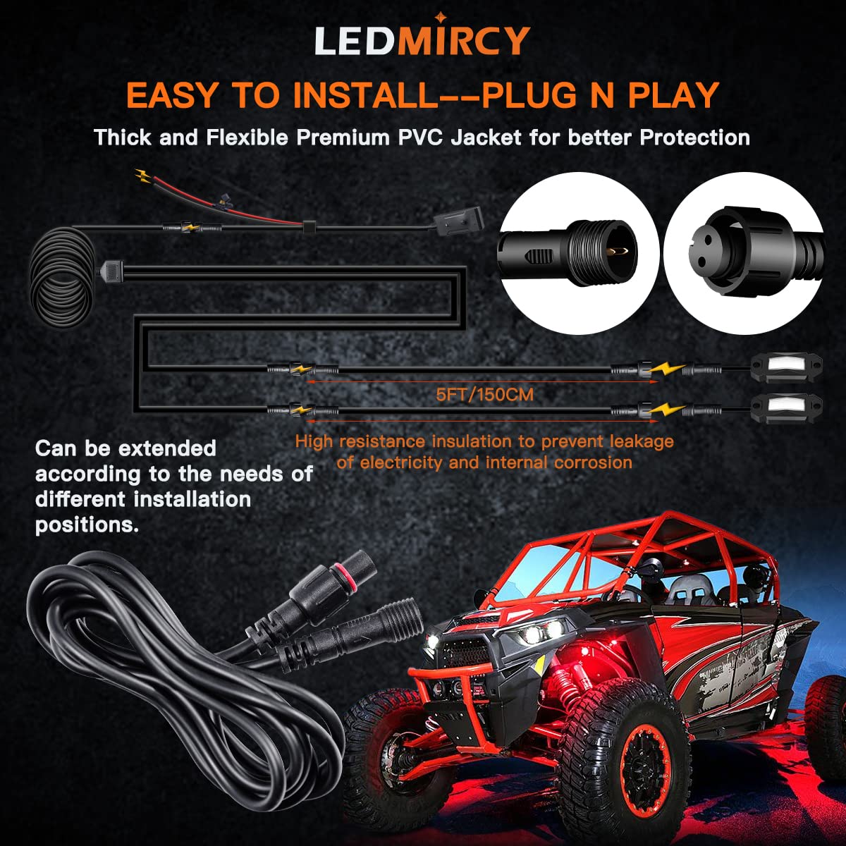 LEDMIRCY LED Rock Lights Extension Cable 2Pin 5ft 22AWG PVC Waterproof 4PCS for Truck Wheel Spot Flood Lights