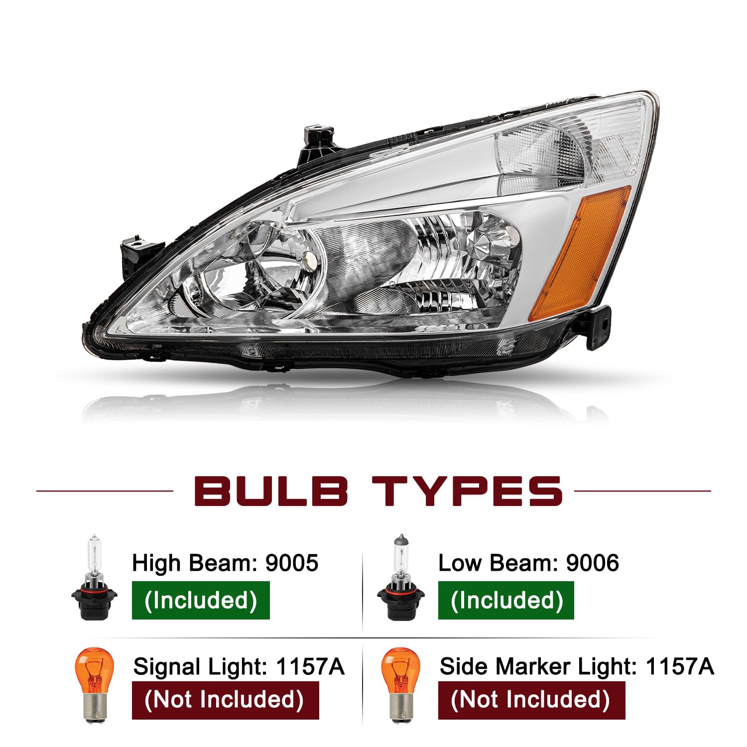 Jsboyat Headlight Assembly Compatible With 2003-2007 Honda Accord Chrome Housing With Amber Reflector Passenger And Driver Side