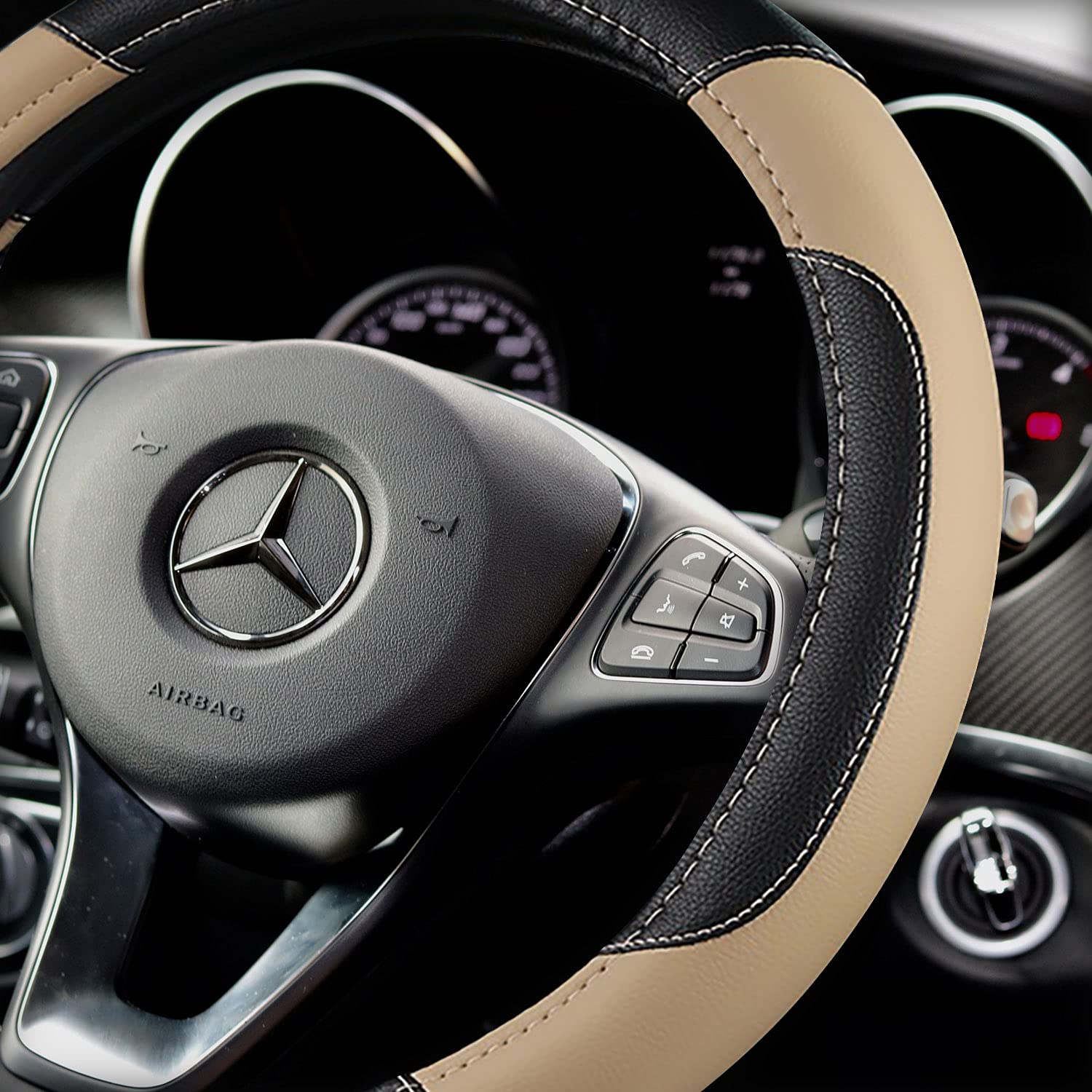 Leather Car Steering Wheel Cover, Non-Slip Car Wheel Cover Protector Breathable Microfiber Leather Universal Fit For Most Cars(Beige)