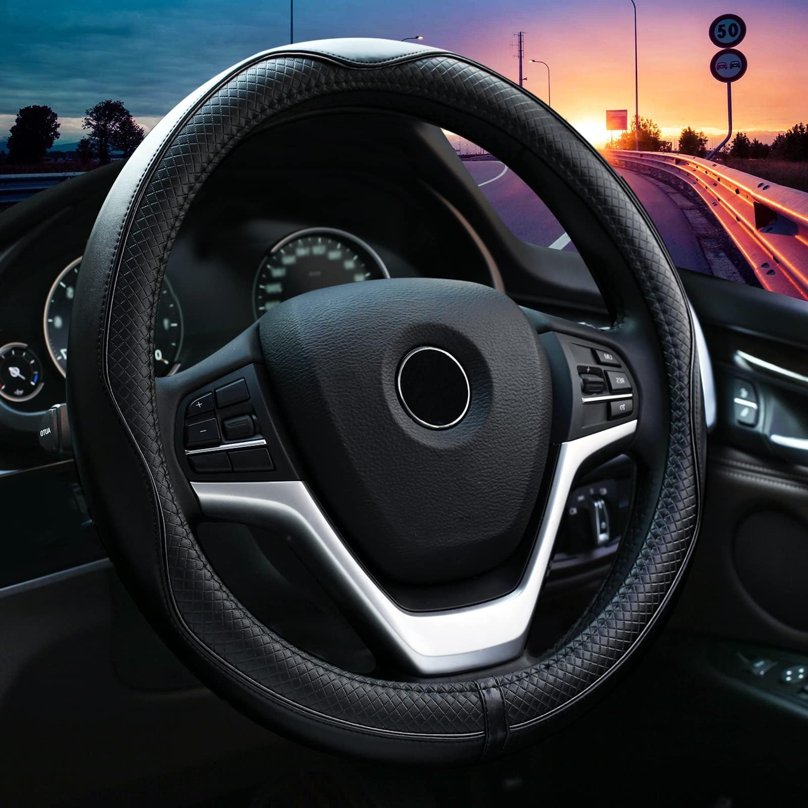 Valleycomfy Steering Wheel Covers Universal 15 Inch - Genuine Leather, Breathable, Anti Slip & Odor Free (Black With Black Lines