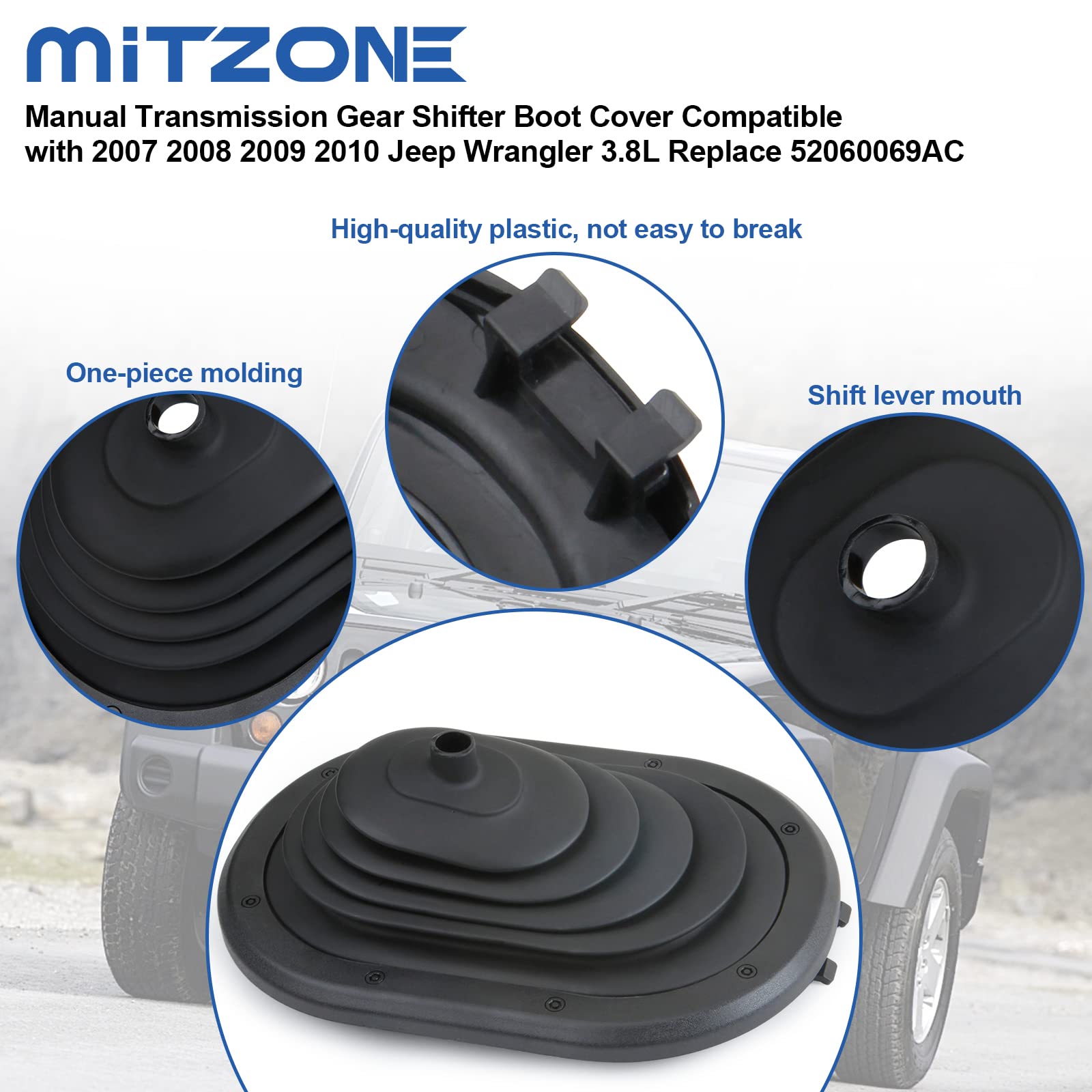 MITZONE Manual Transmission Gear Shifter Boot Cover for Jeep Wrangler JK 2007-2010, Black, Model 080-001, Replace 52060069AC