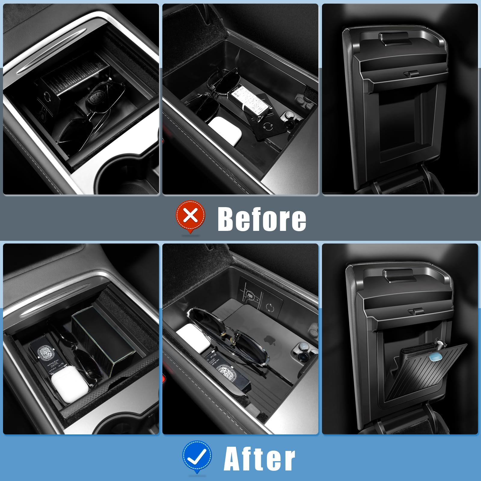 XINTUO 5Pcs Center Console Organizer Tray Compatible for Tesla Model 3 Model Y Accessories 2024 2023-2021 Armrest Hidden Drawer