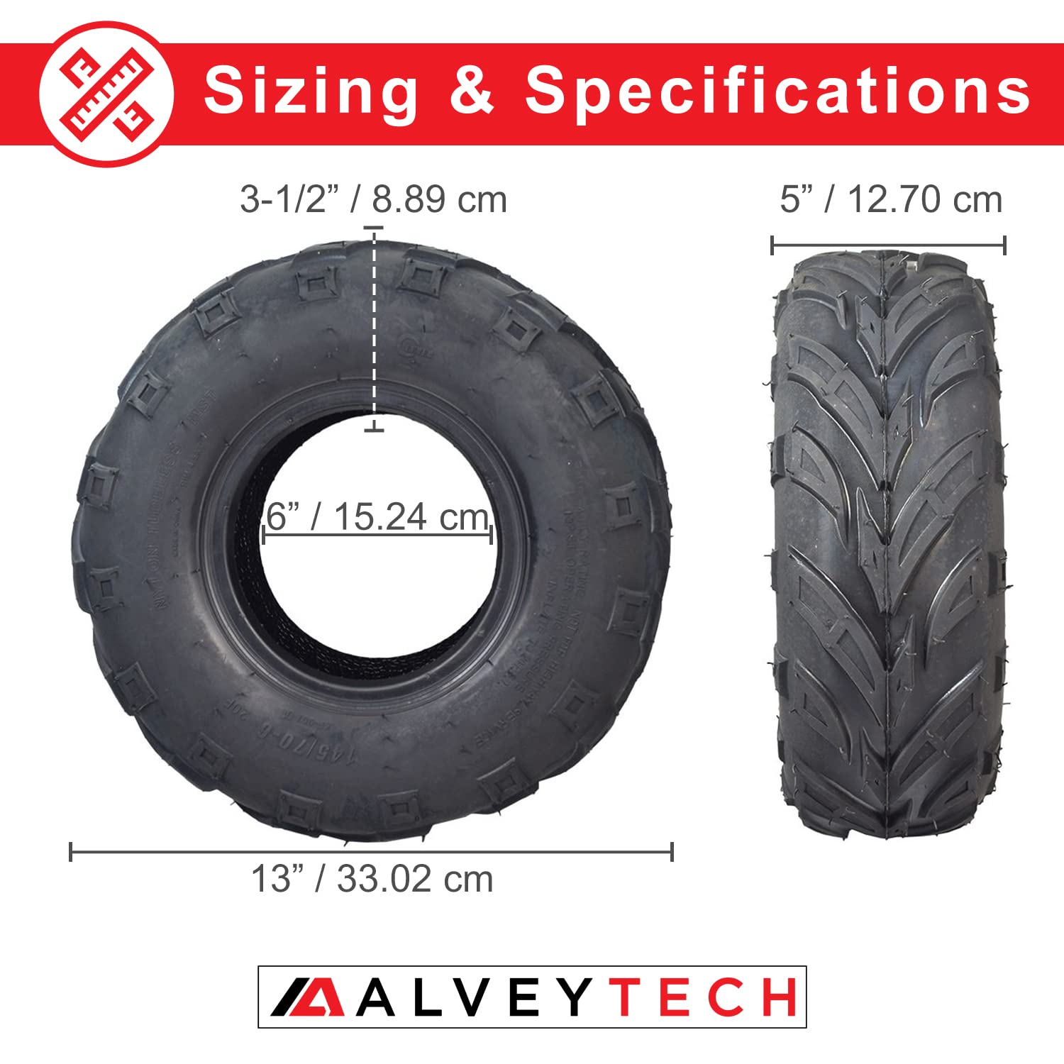 AlveyTech 145/70-6 V-Tread Tire - For the Motovox MBX10, MBX11, & MBX12, All Terrain, Rubber Tubeless Tires for Go-Kart, 4x4 Qua