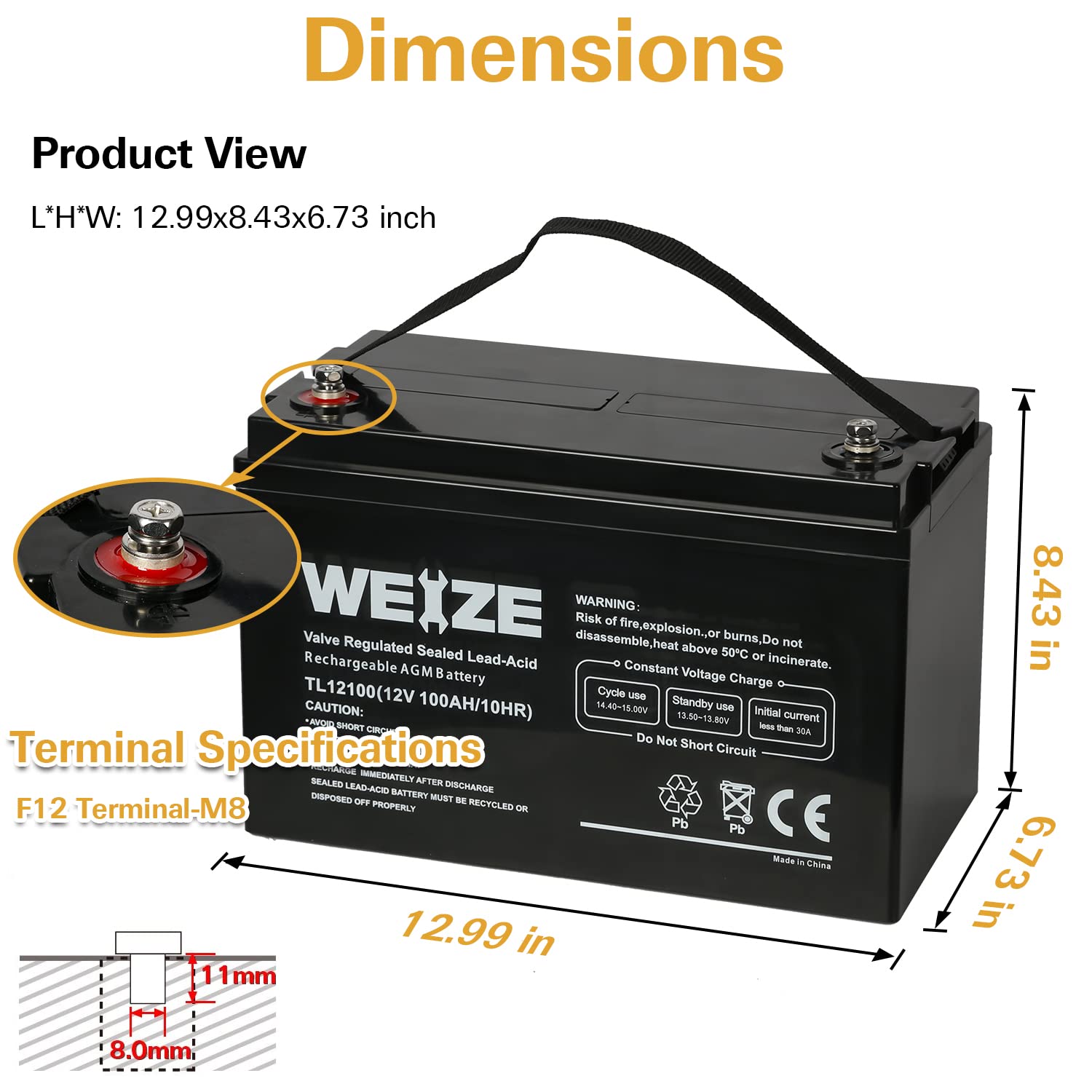WEIZE 12V 100Ah Deep Cycle AGM Battery - Maintenance-Free, 1150A Max Discharge, Ideal for RV, Solar, Marine, and Off-Grid Systems