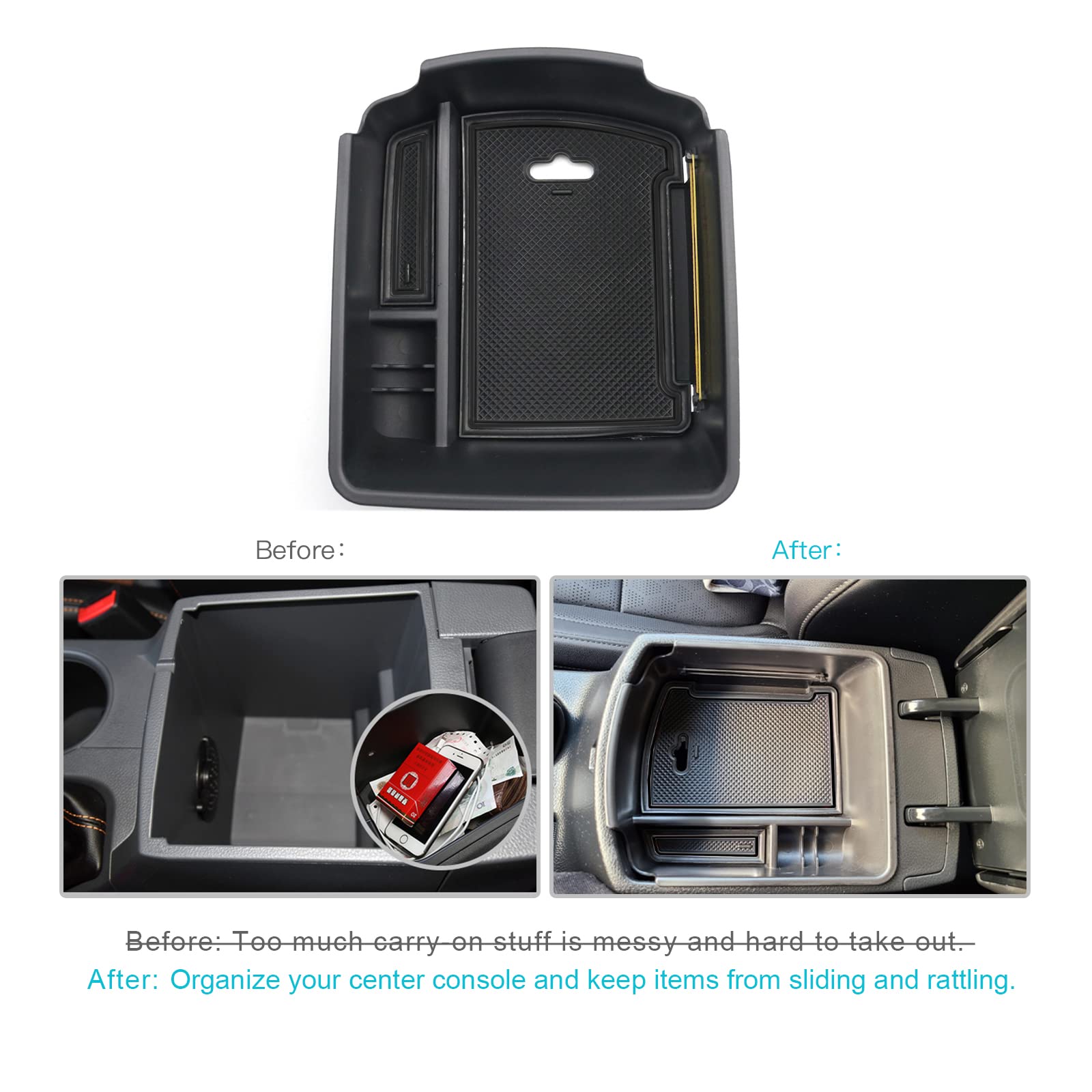 CDEFG Center Console Organizer Tray for 2020-2025 Kia Seltos, ABS Plastic, Black Trim, Coin Container, Armrest Storage Box