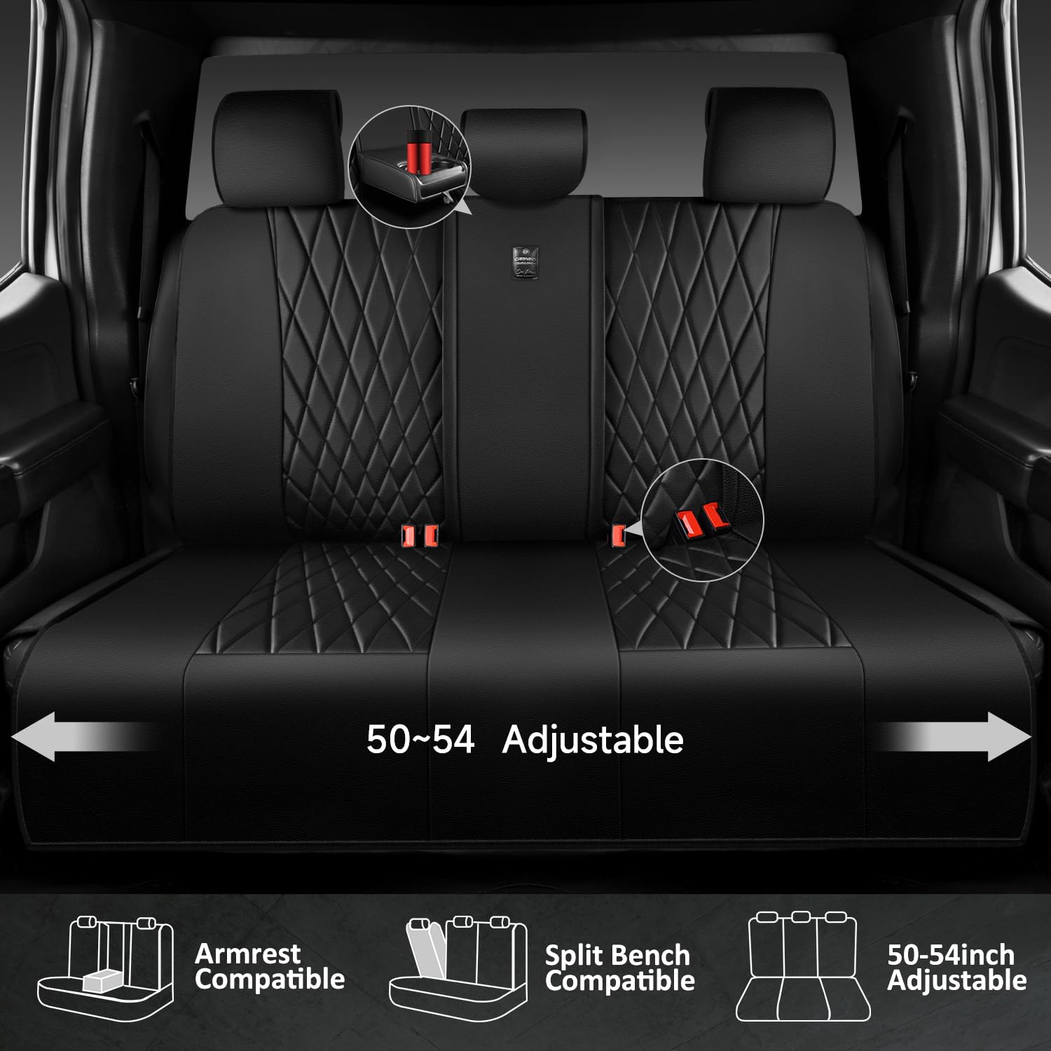 CAR PASS Luxury Faux Leather Rear Bench Seat Covers, Waterproof, Anti-Slip, Universal Fit, All Black, Model ZT122-BK1-HP