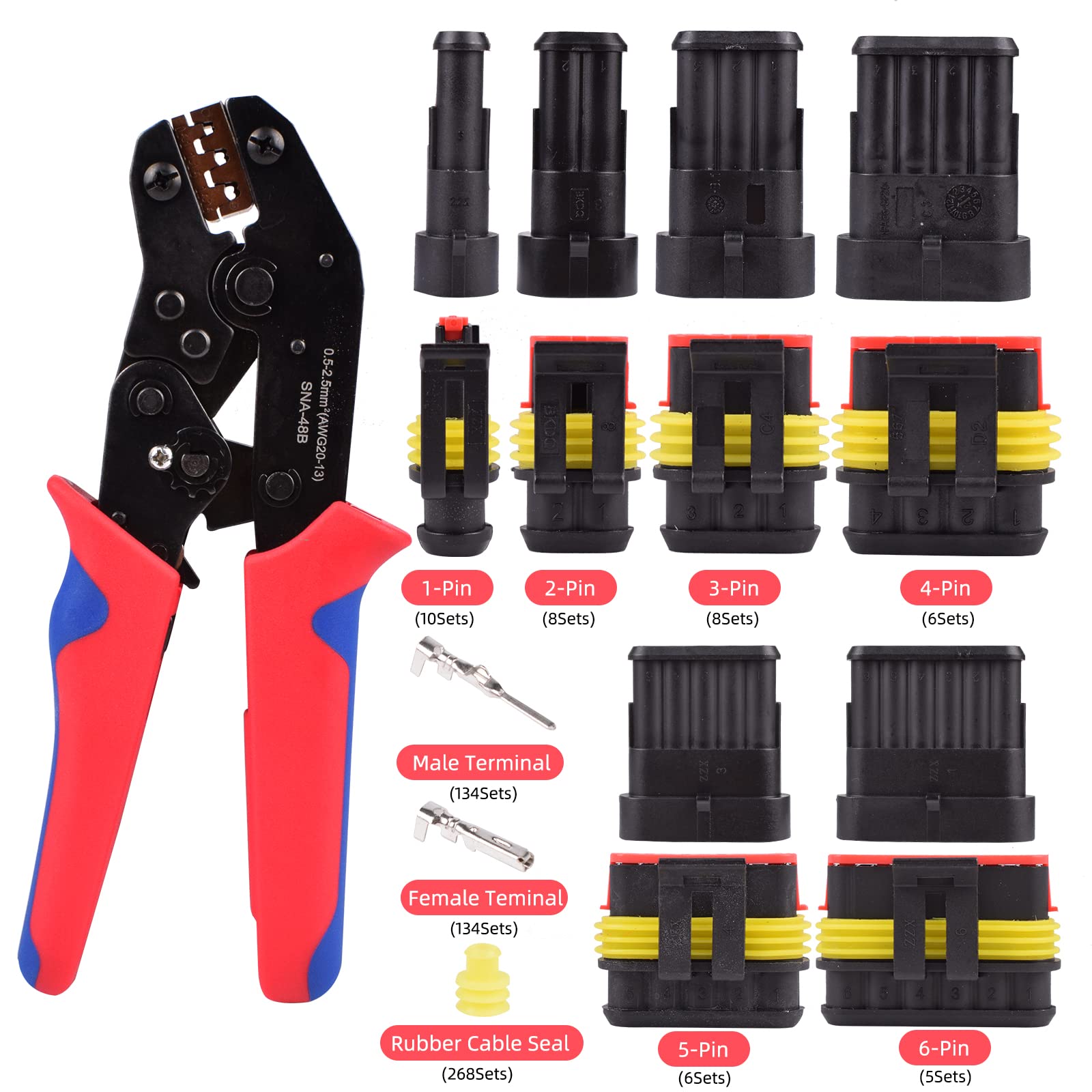 Amliber 709Pcs 43 Kits Waterproof Automotive Wire Connectors With Ratcheting Wire Crimper, 1/2/3/4/5/6 Pin Automotive Electrical