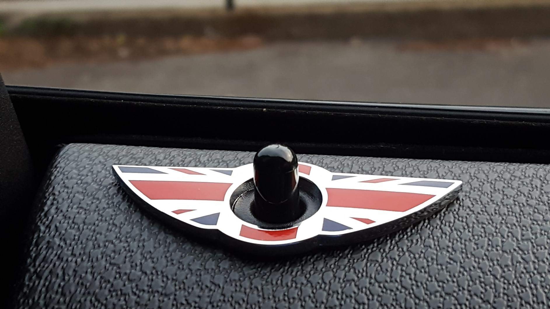 iJDMTOY (2) Union Jack Style Wing Emblem Rings for Mini Cooper R55 R56 R57 R58 R59 Door Lock Knobs, Red/Blue UK Flag Design (Doe