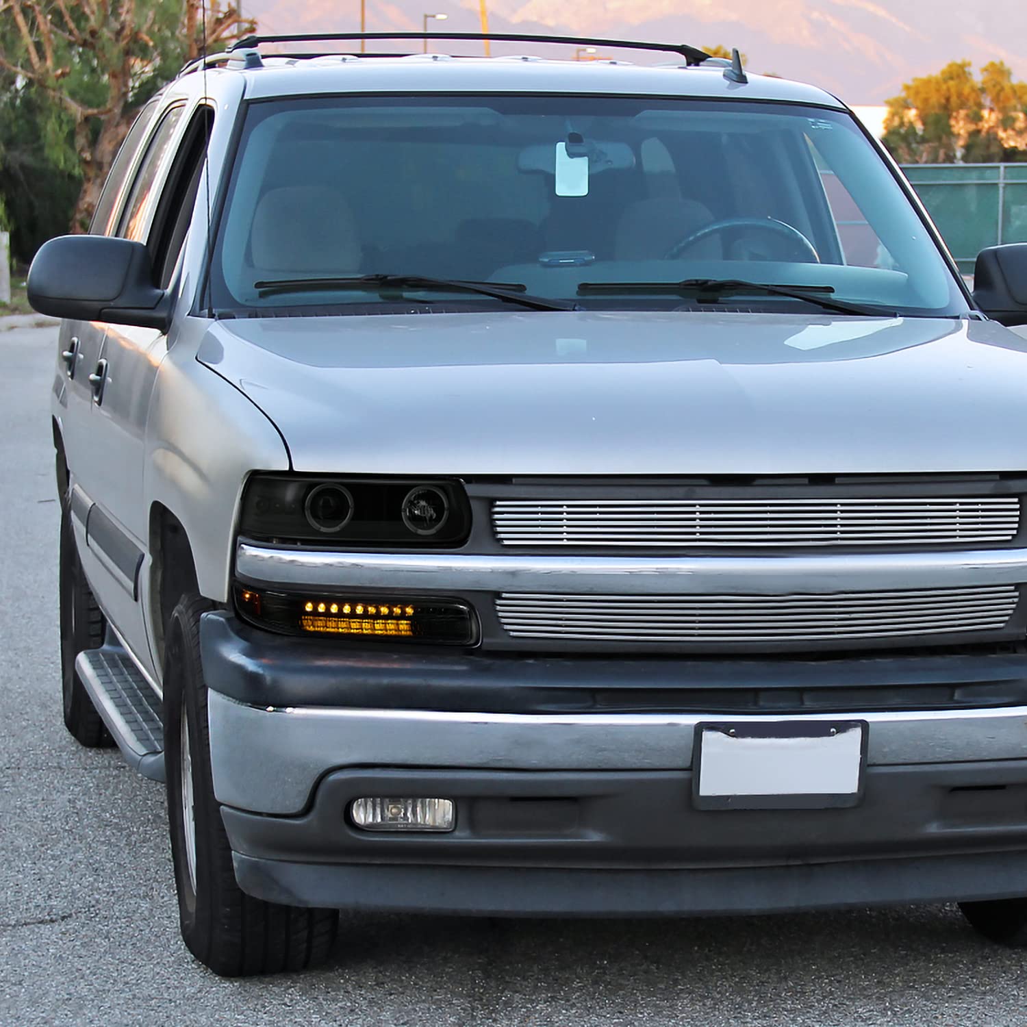 Spec-D Tuning Smoke Lens Led Halo Projector Headlights + Led Bumper Lights Compatible With 1999-2002 Chevy Silverado 1500/1500Hd/2500/2500Hd/3500 Left + Right Pair Headlamps Assembly