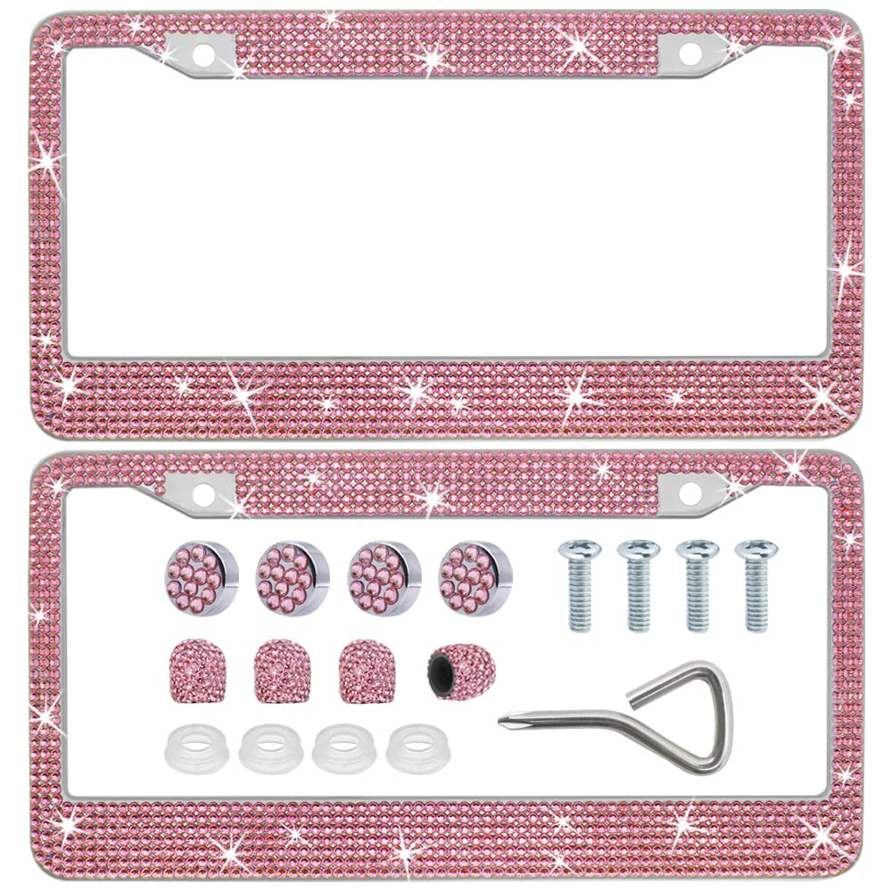 Pink Bling License Plate Frame Kit, lyfLux Stainless Steel Sparkly License Plate Frame with 4 Pink Sparkly Valves for Girls, Wom