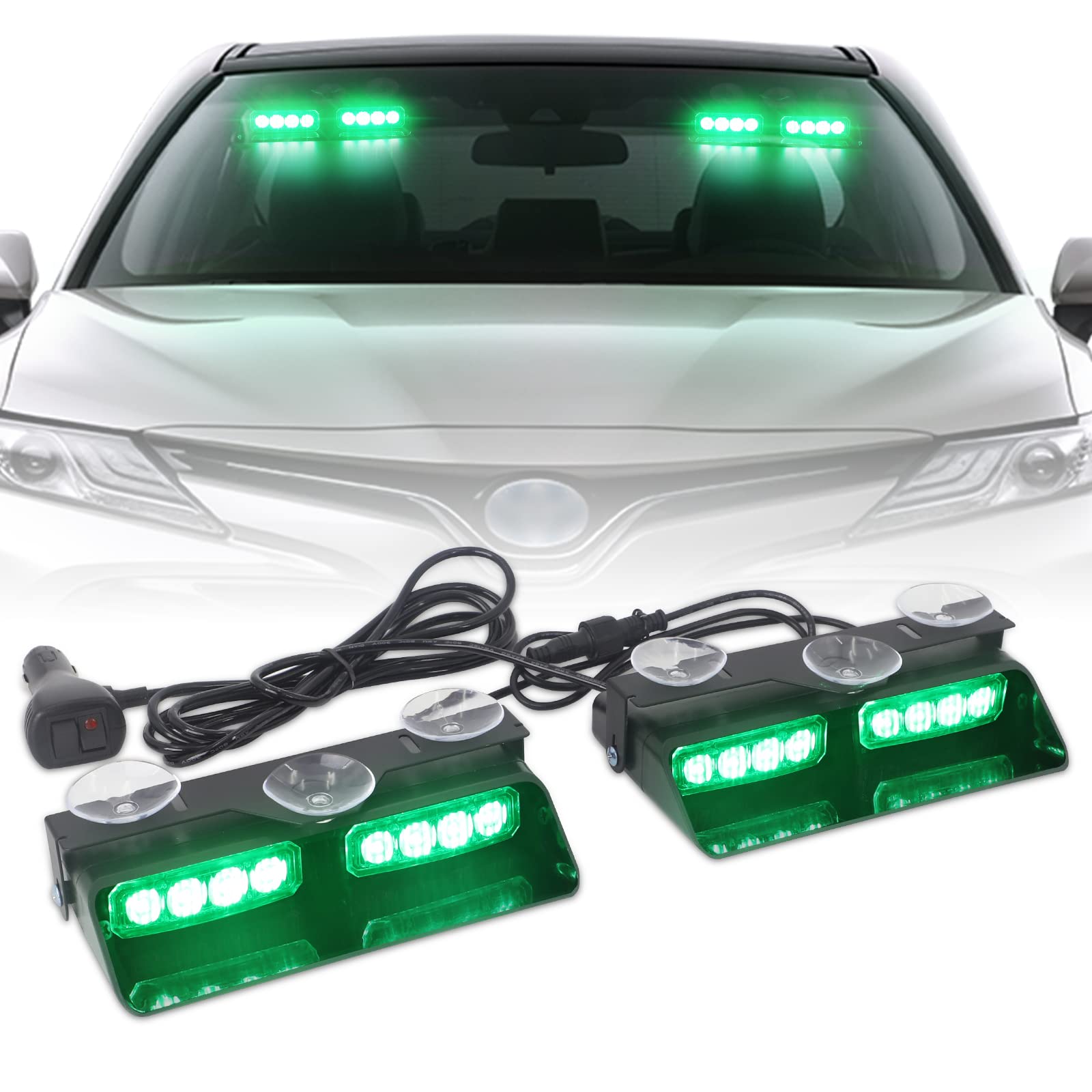 XRIDONSEN 2 in 1 Green Emergency Dash Strobe Lights, 16 LED, 2x7.16 inch, Suction Cups for Police Vehicles, Trucks