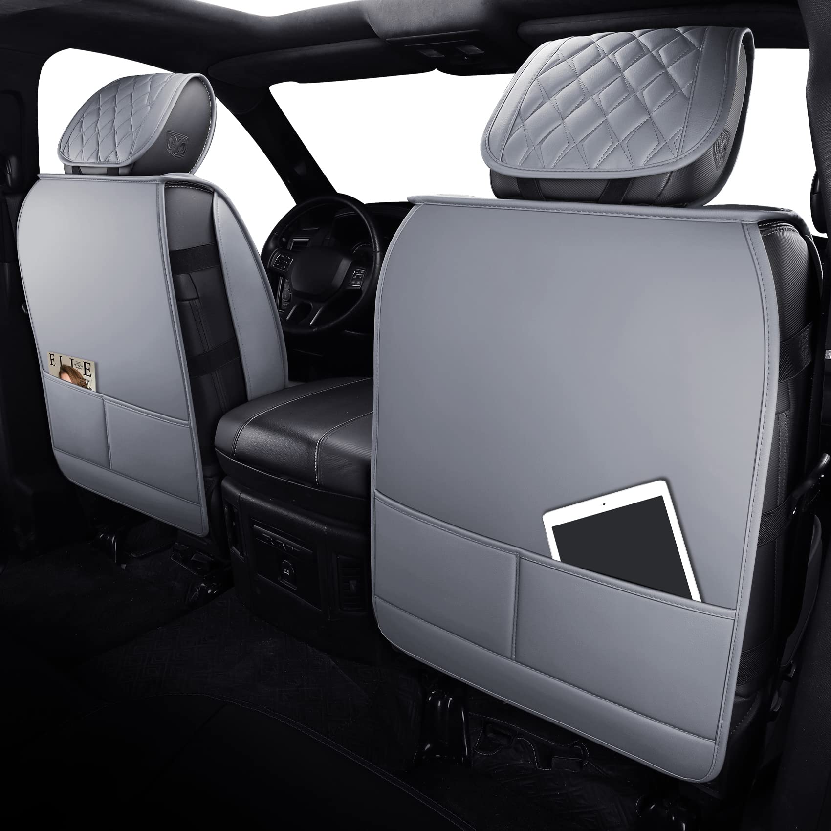 Aierxuan Dodge Ram Car Seat Covers Front Pair Waterproof Leather Custom Fit 2009-2023 1500/2500/3500 Crew Quad Regular Cab Truck Pickup Compatible With Airbag(2 Pcs Front/Grey)