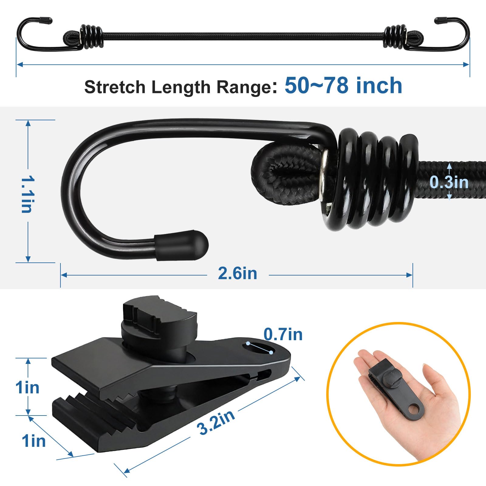 BETERNY 4PCS Car Cover Gust Straps, Heavy Duty Bungee Cords, Black, Fits Most Cars, SUVs, Trucks, Model CA1862