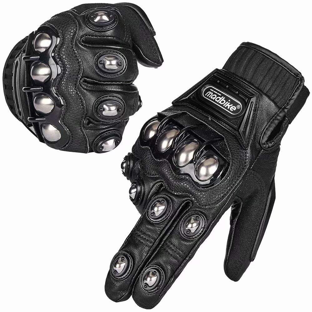 Ilm Alloy Steel Leather Hard Knuckle Touchscreen Motorcycle Bicycle Motorbike Powersports Racing Gloves (M, (Leather) Black) Mod