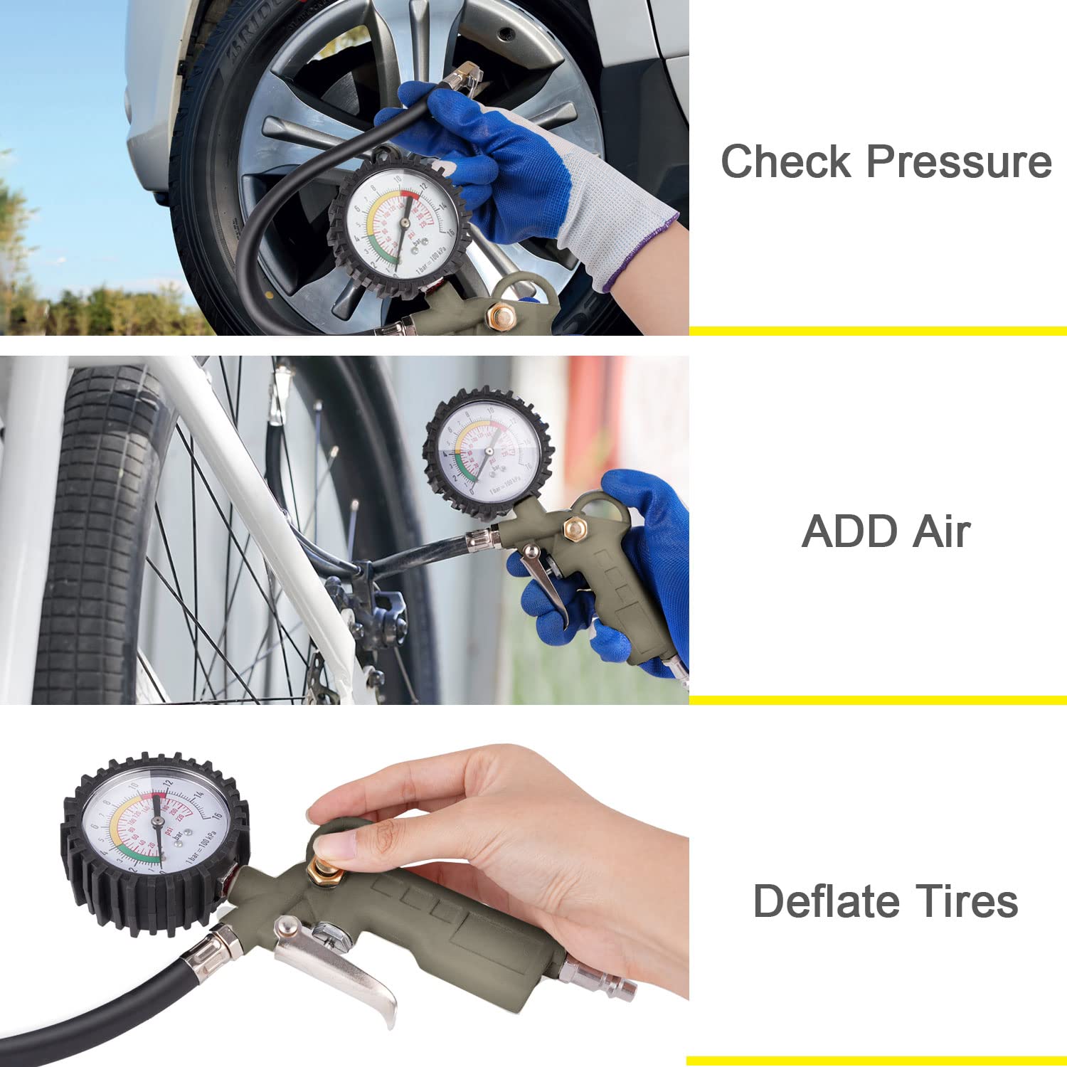 Ladfath Tire Inflator With Pressure Gauge, 0-220Psi Dial Wheel Air Tire Pressure Gauge, Heavy Duty Rubber Hose With Quick Couple