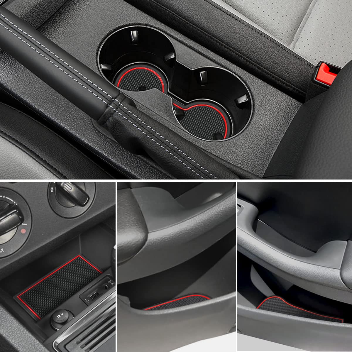 Auovo Rubber Door Compartment Mats for Volkswagen Jetta 2013-2018, Red, 10pcs Set, Anti-Dust Cup Holder Console Liners