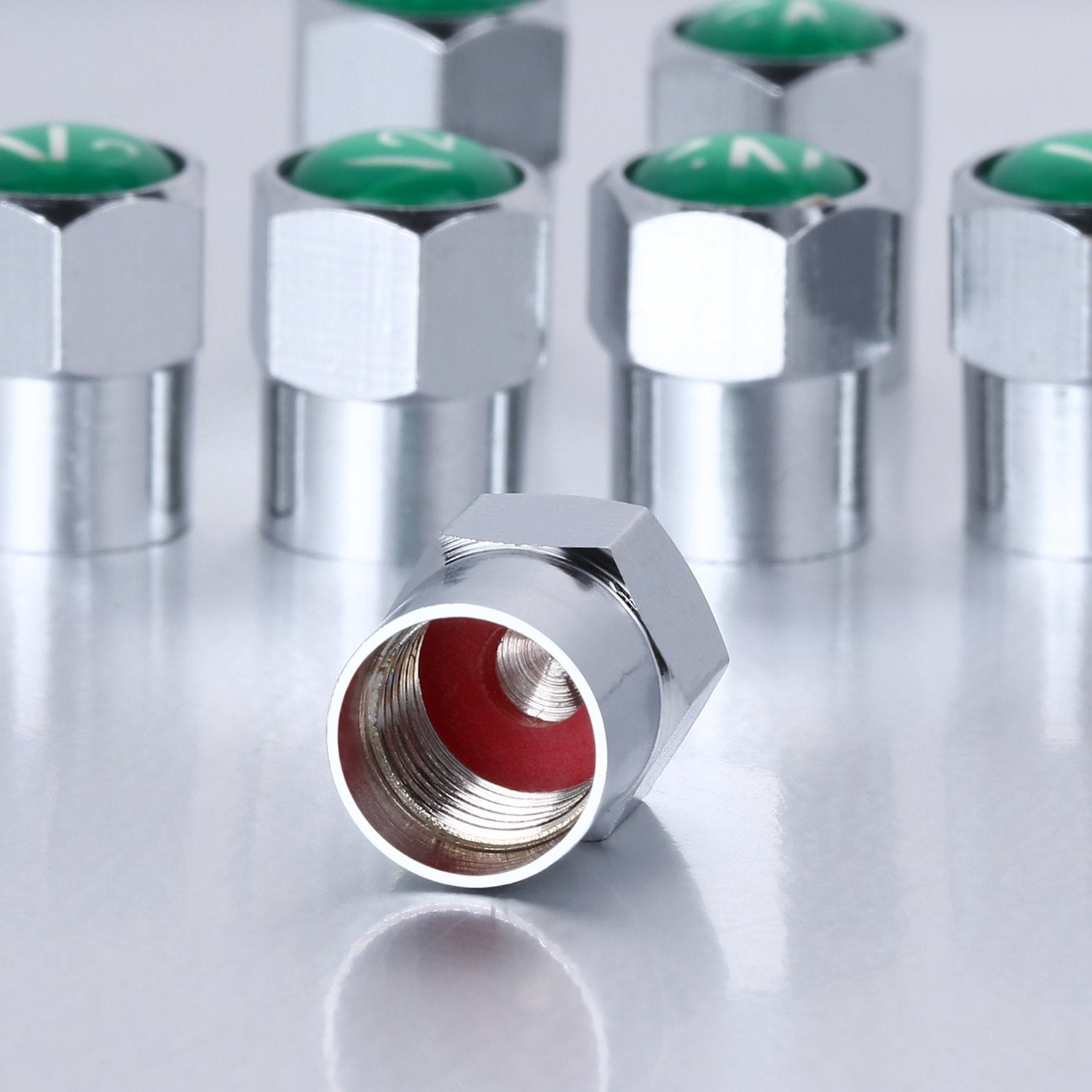 Tatuo Metal Brass Tire Valve Stem Caps - 20 Pieces, Dustproof Covers with N2 Nitrogen Logo, Green - Model Tatuo-Tire Cap-01