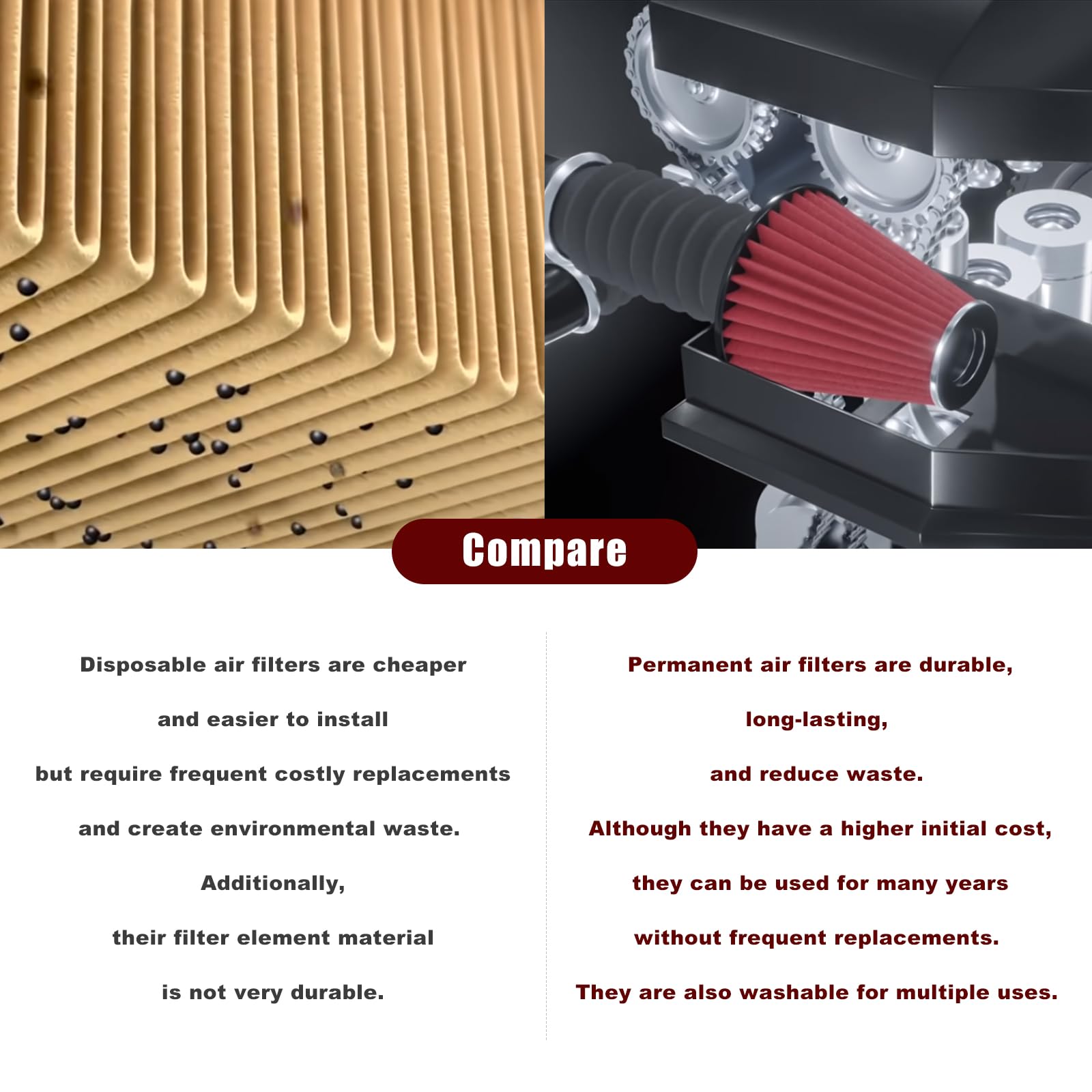 RYANSTAR RACING 76mm 3'' High Flow Round Tapered Cone Cool Air Filter Cleaner with Top Filter Design Short 163mm Tall