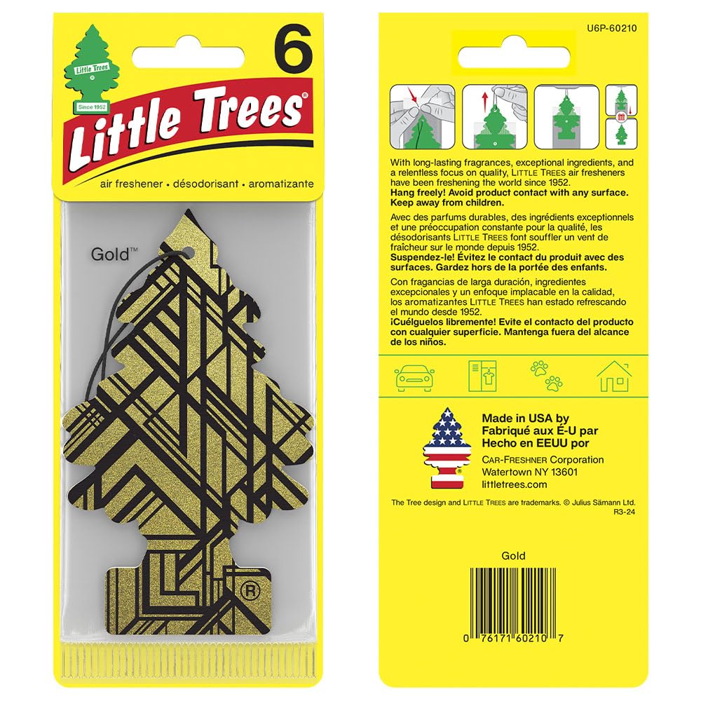 LITTLE TREES Car Air Freshener, Hanging Tree, Long Lasting Scent, Gold, 6 Count (Pack of 4), Model U6P-60210