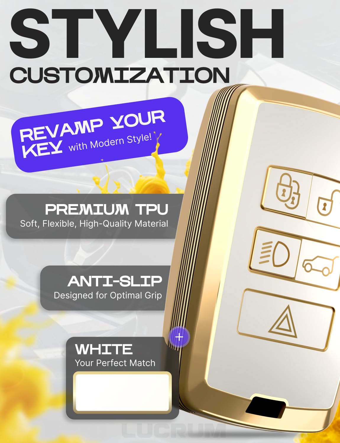 Lucrum TPU Key Fob Cover for Range Rover & Jaguar, Full Cover Case, White and Gold
