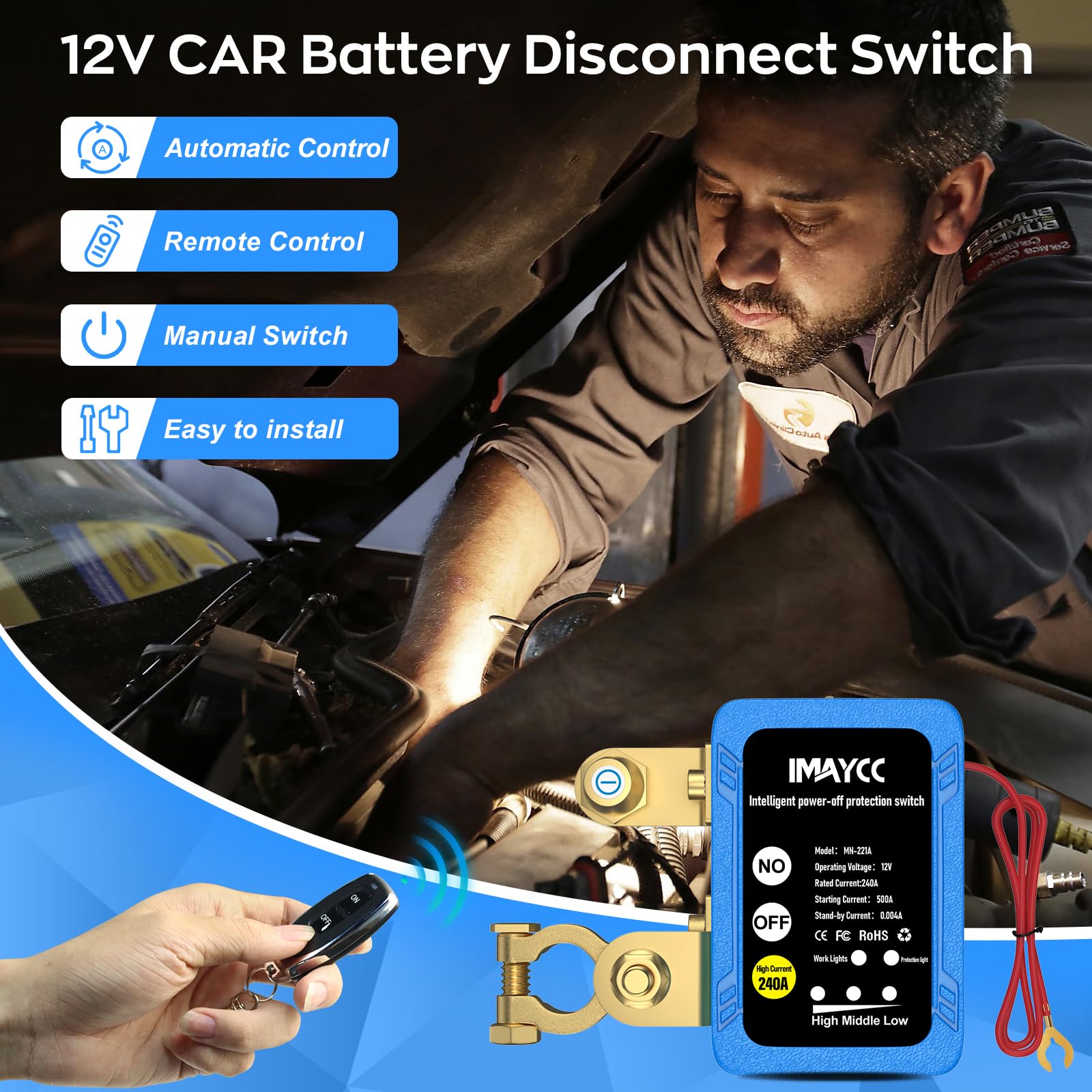 IMAYCC Kill Switch for Car - 12V 240A Remote Battery Disconnect, Anti-Theft Copper Switch for Auto, RV, ATV, Truck, Boat