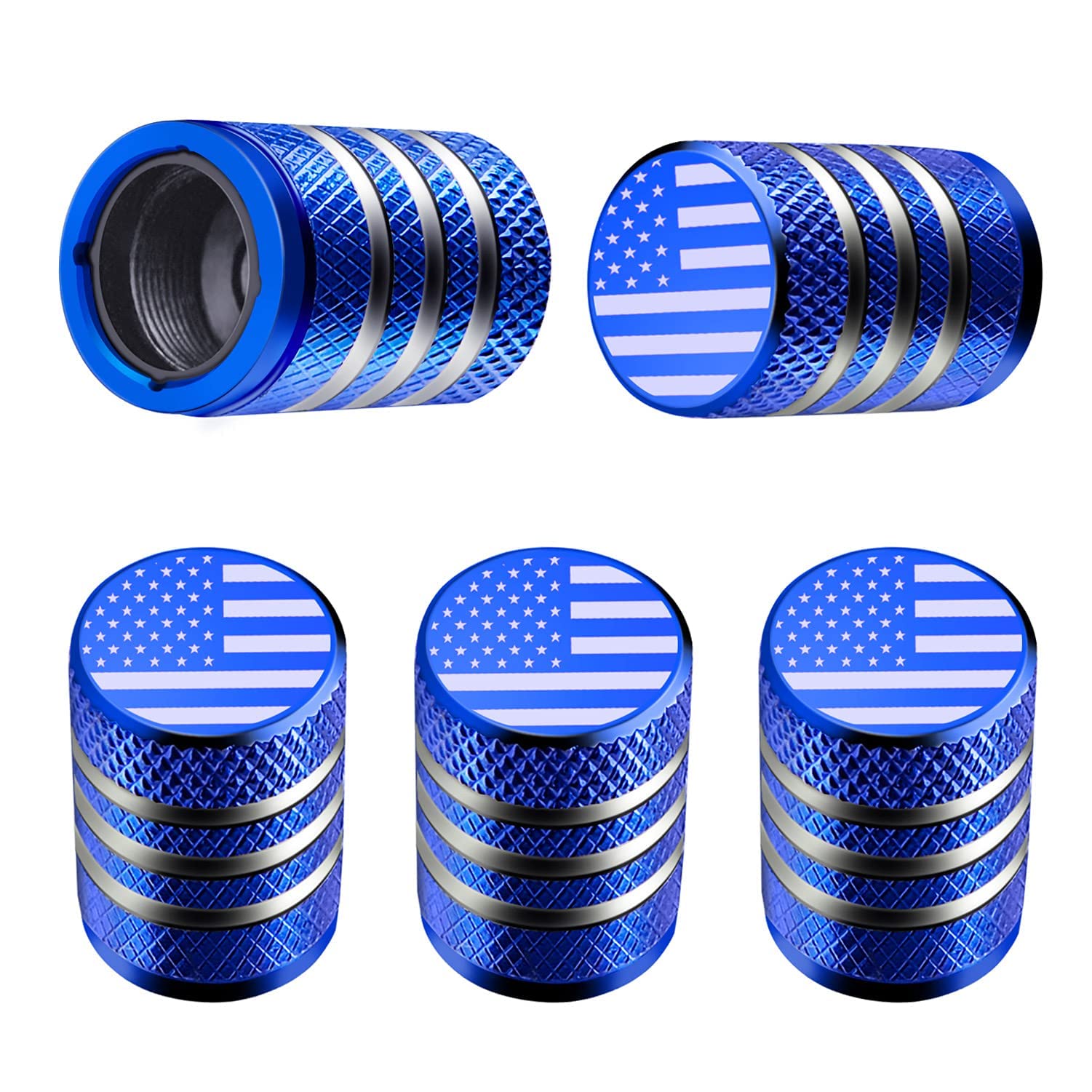 Tire Valve Stem Cap Cover - (5 Pack) Tire Air Cap Metal With Plastic Liner Corrosion Resistant Leak-Proof American Flag For Car Truck Motorcycle Bike Blue