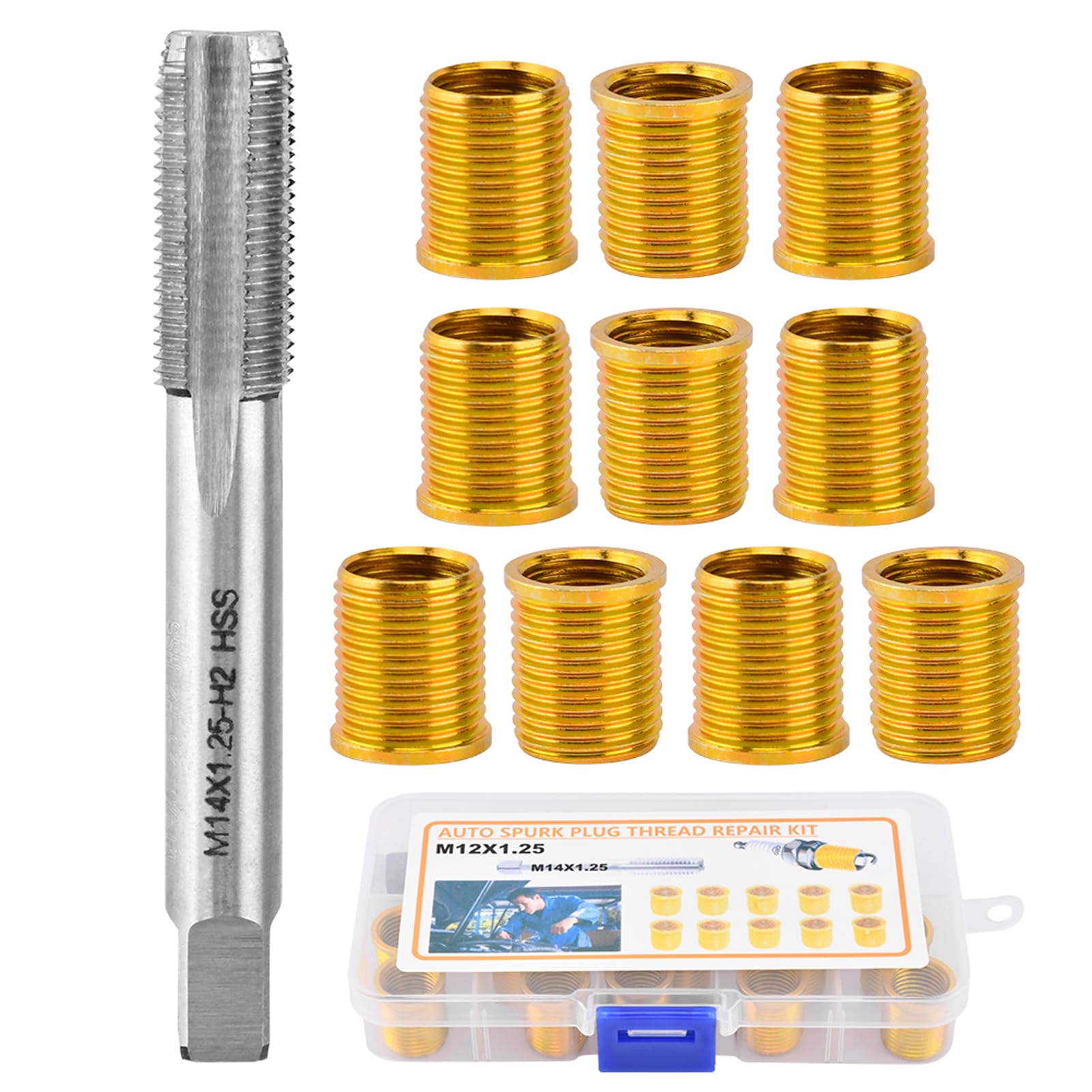 Kakalote Spark Plug Thread Repair Kit, High Speed Steel Tap Spark Plug M12x1.25 Inserts and M14x1.25 Tap Stainless Steel Thread 