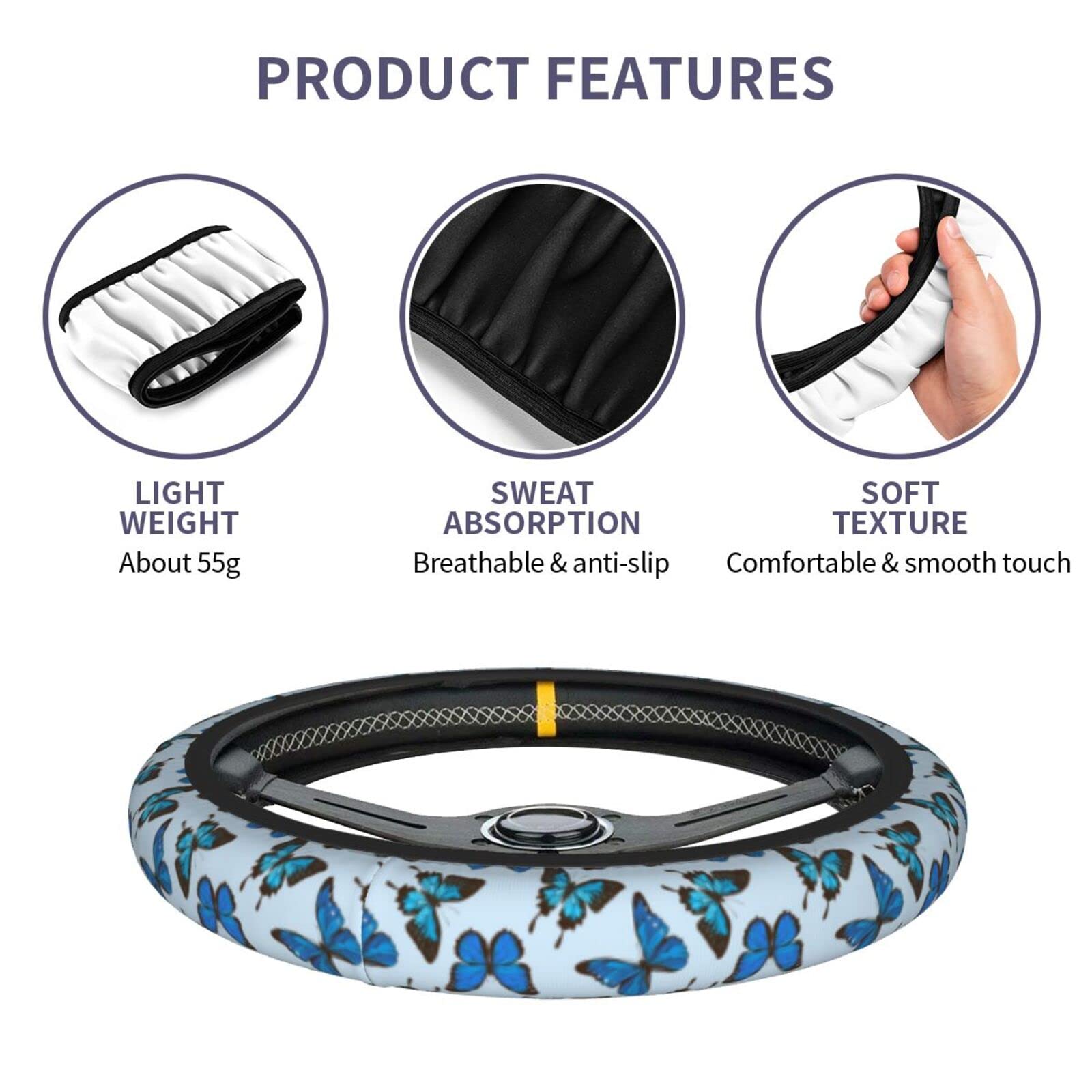 Blue Butterfly Steering Wheel Cover for Women Men with 2 Pcs Car Coasters, Universal 14.5-15 Inch Rainbow Steering Wheel Covers