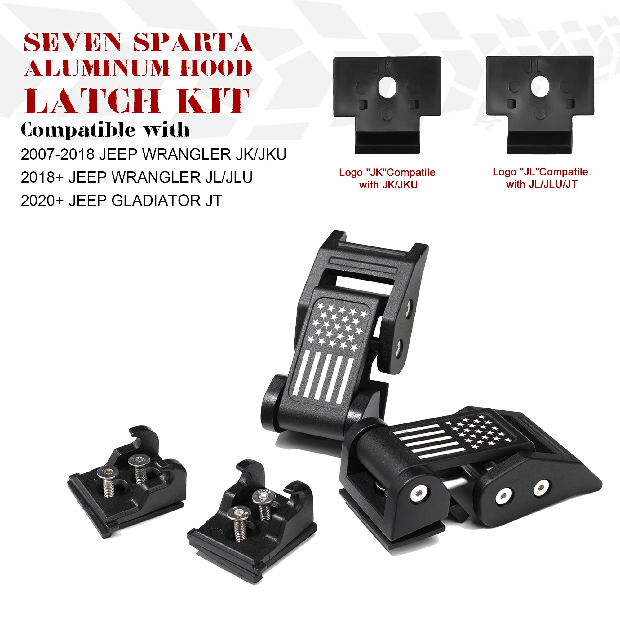 SEVEN SPARTA Aluminum Hood Latches for Jeep Wrangler JK/JL/Gladiator, 9.84" x 6.69", Black, 1 Pair with American Flag Design