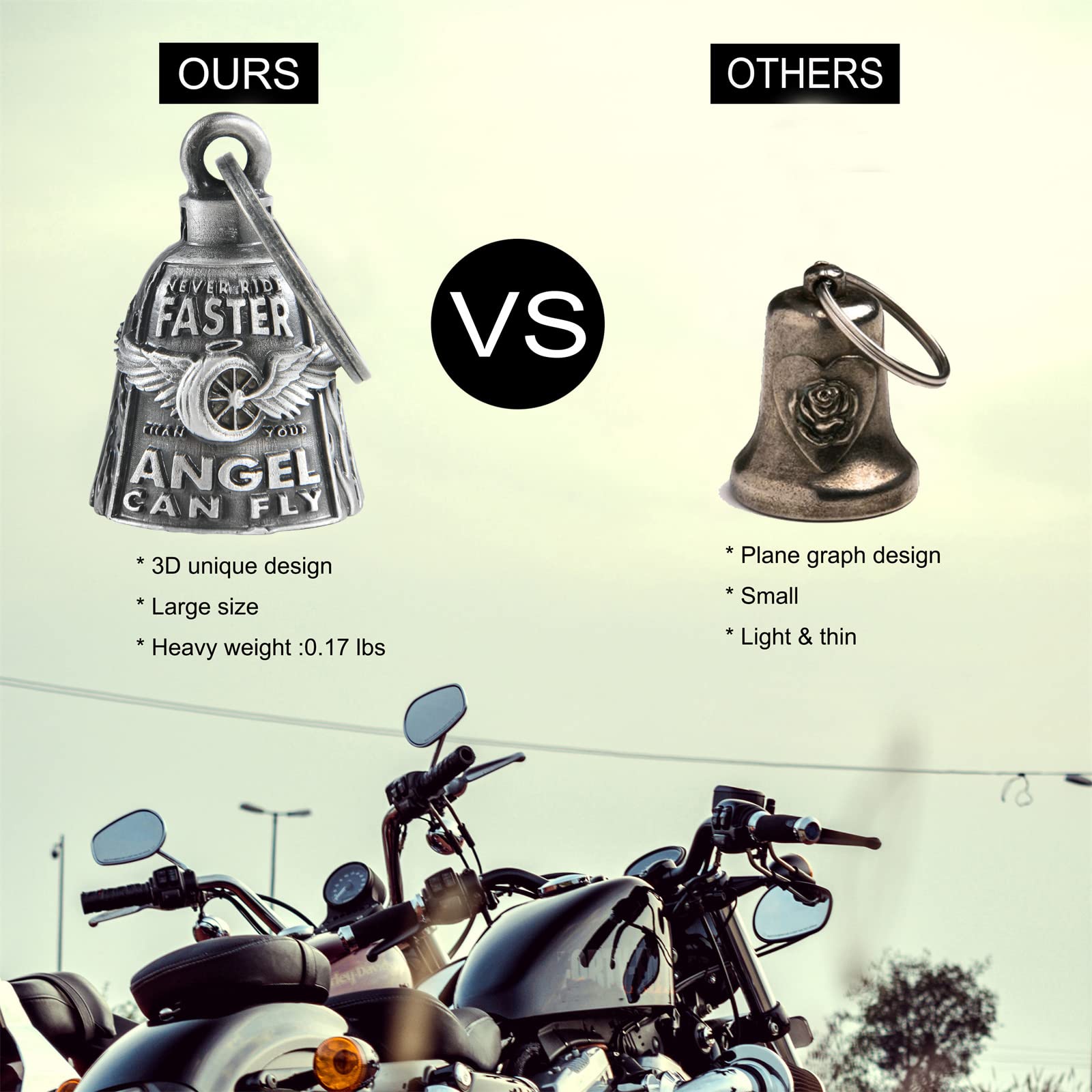 Dream Apparel Motorcycle Bell - Guardian Angel Gremlin Bell - Zinc Alloy - Large - Luck Key Chain - Never Rider Faster Than Your Angel Can