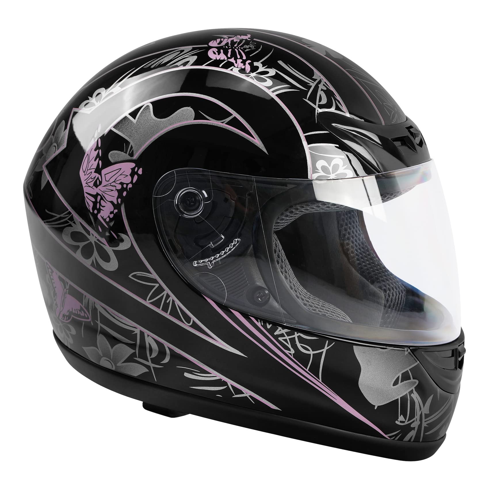 TCMT Adult Full Face Motorcycle Helmet - Large, Black Butterfly, Polycarbonate, Model XF270203-L, DOT Approved, Open Face Sun Shield