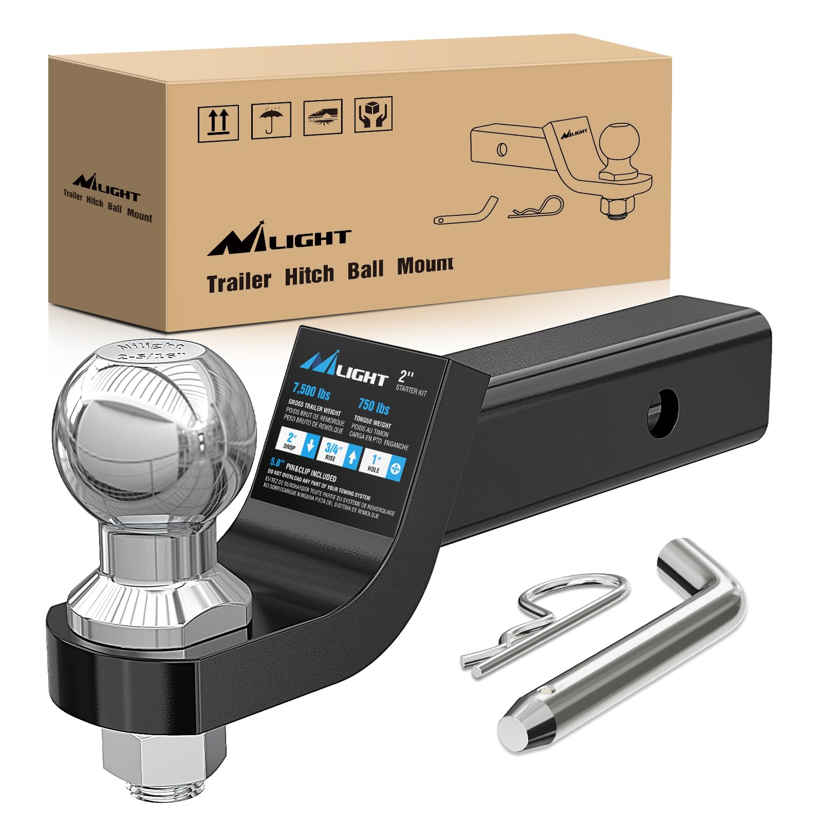 Nilight Trailer Hitch Ball Mount With 2-5/16Inch Trailer Ball & 5/8'' Hitch Pin Clip Fits 2-Inch Receiver 7500 Lbs 2'' Drop,2 Ye