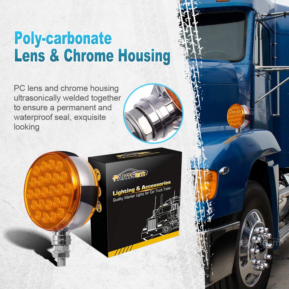 Partsam 2pcs Round Amber 48LED Pedestal Turn Signal Lights, Standard Size, Chrome & Plastic, Model 13, Dual-Face Marker for Trucks