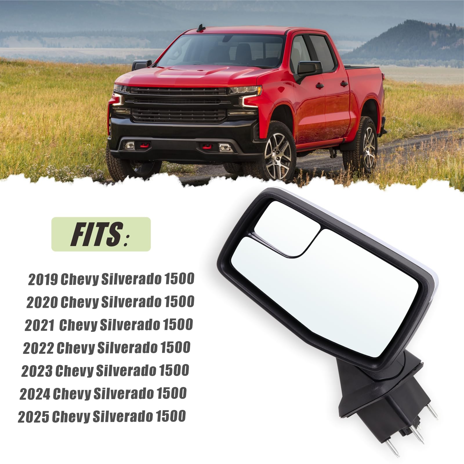 Lqito Left Driver Side Mirror Compatible With 2019-2025 Chevy Silverado 1500 With Power Glass Manual Folding Heated Without Turn