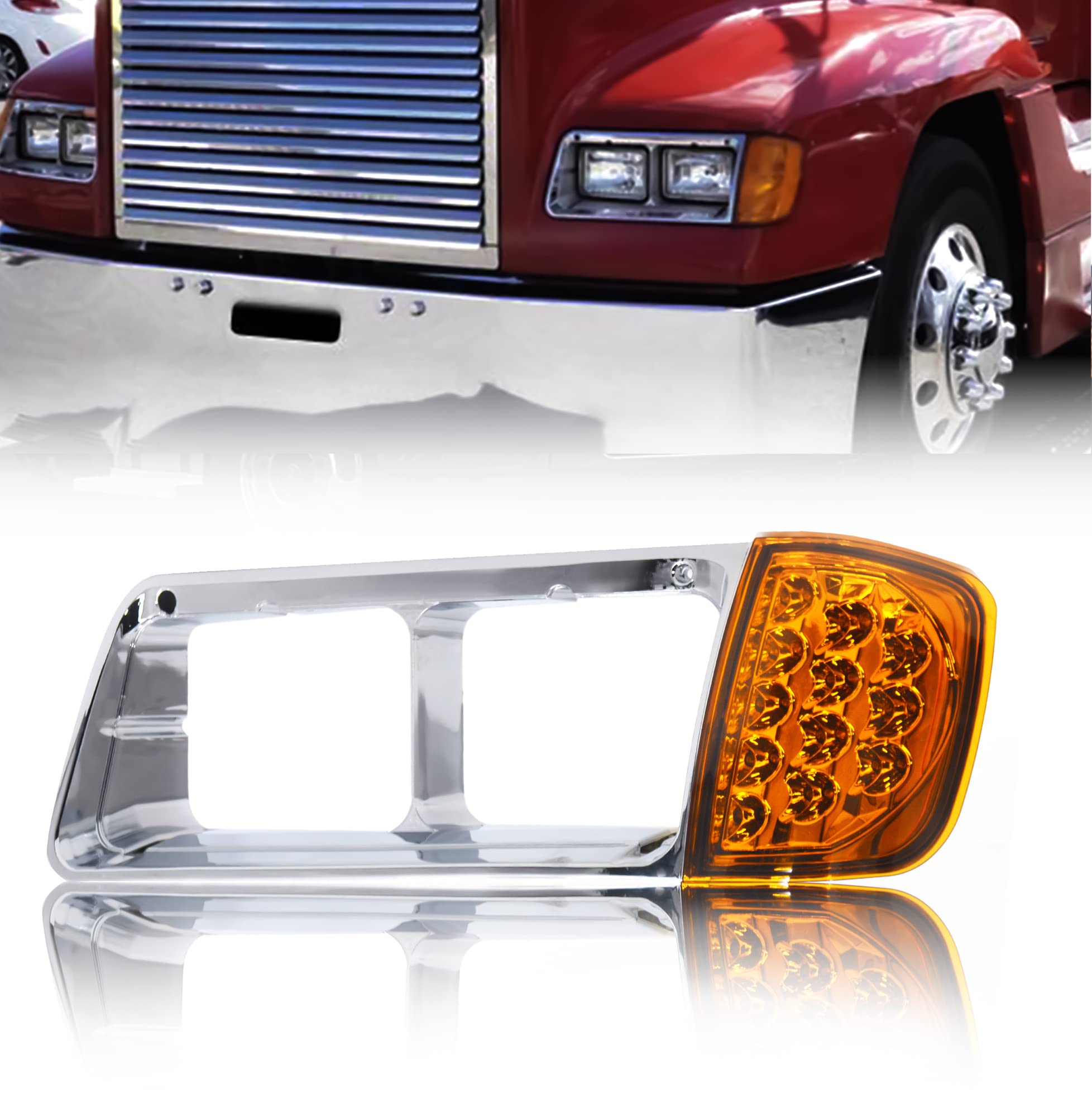 Torque Headlight Bezel Driver Left Side Replacement For 1989-2002 Freightliner Fld Semi Trucks With Amber Led Turn Signal Light 