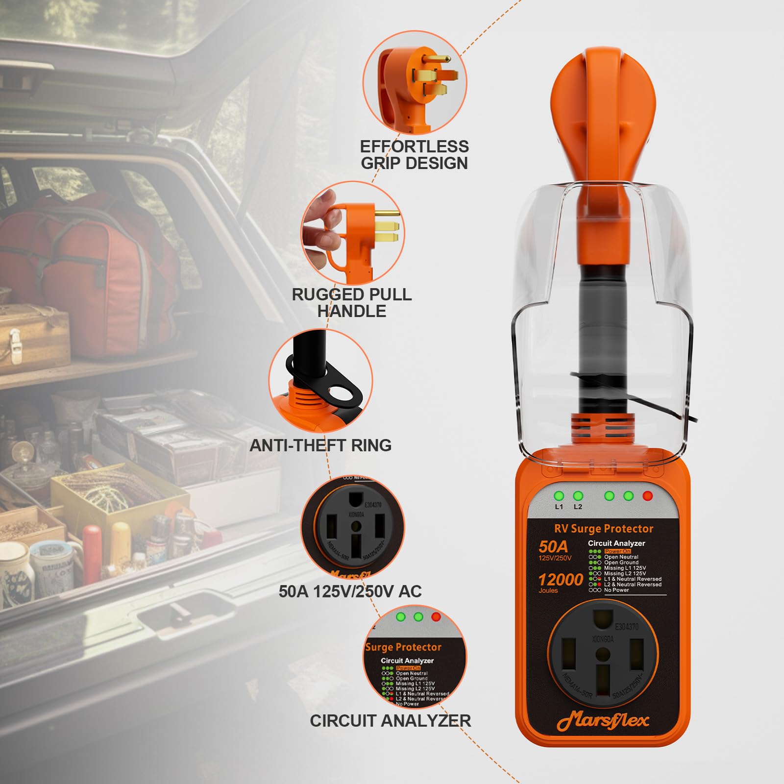 Marsflex RV Surge Protector - 50 Amp Circuit Analyzer, 12000 Joules, Waterproof Cover, LED Display, Orange, Model RVPA01005-MM