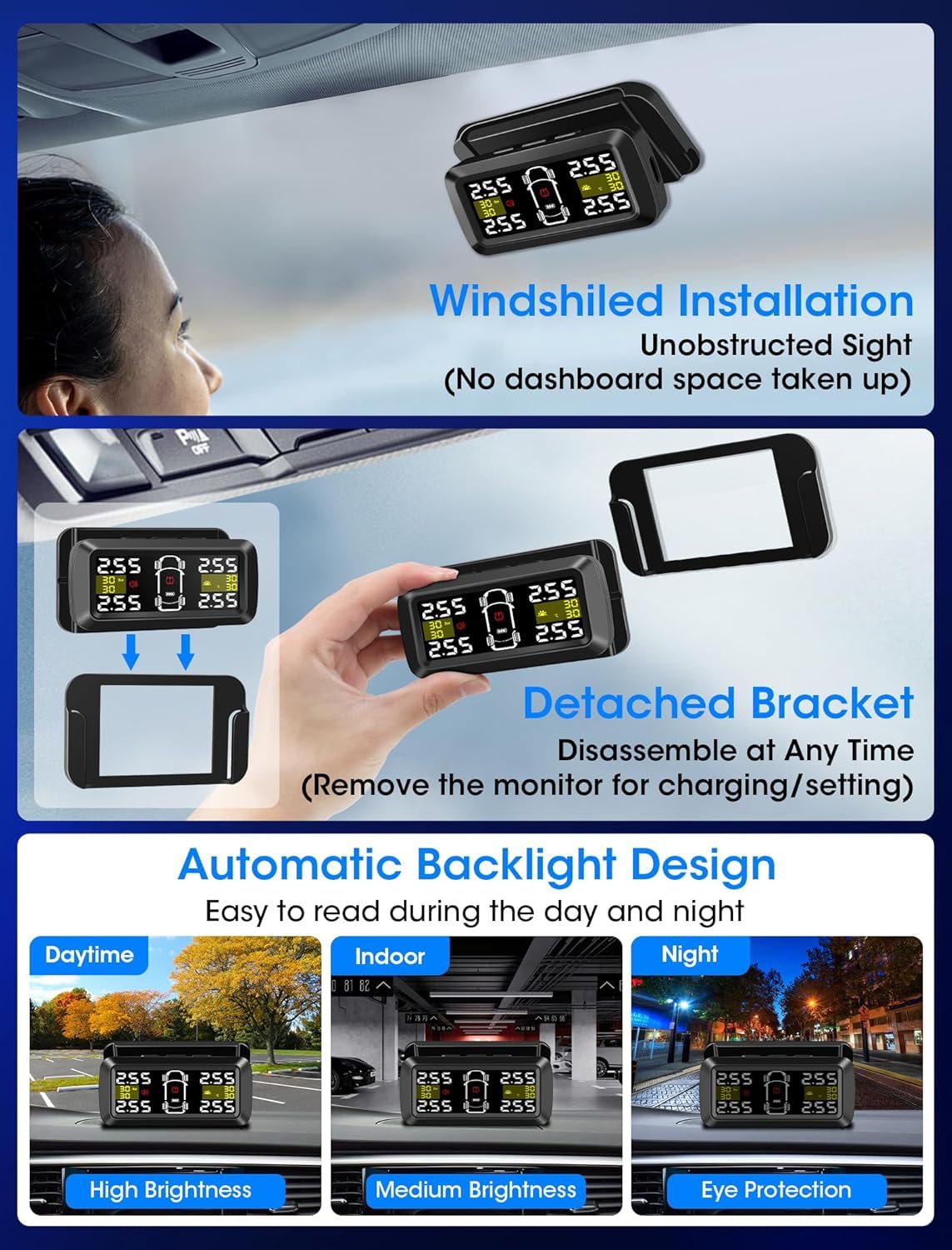 Tire Pressure Monitoring System ?2/4 Wheel Switch? Tpms Sensors Set of 4 w Detached Bracket 3.5 Large Wireless Solar Tire Pres