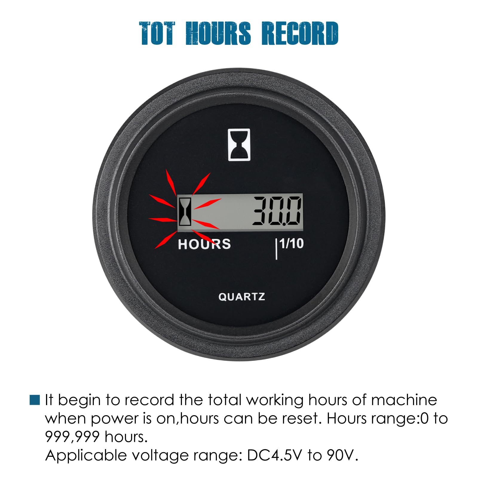 Runleader LCD Hour Meter, Waterproof Design, DC 4.5V-90V, Black, Model RL-HM005 for Forklifts, Go-Karts, Lawn Mowers, Sawm
