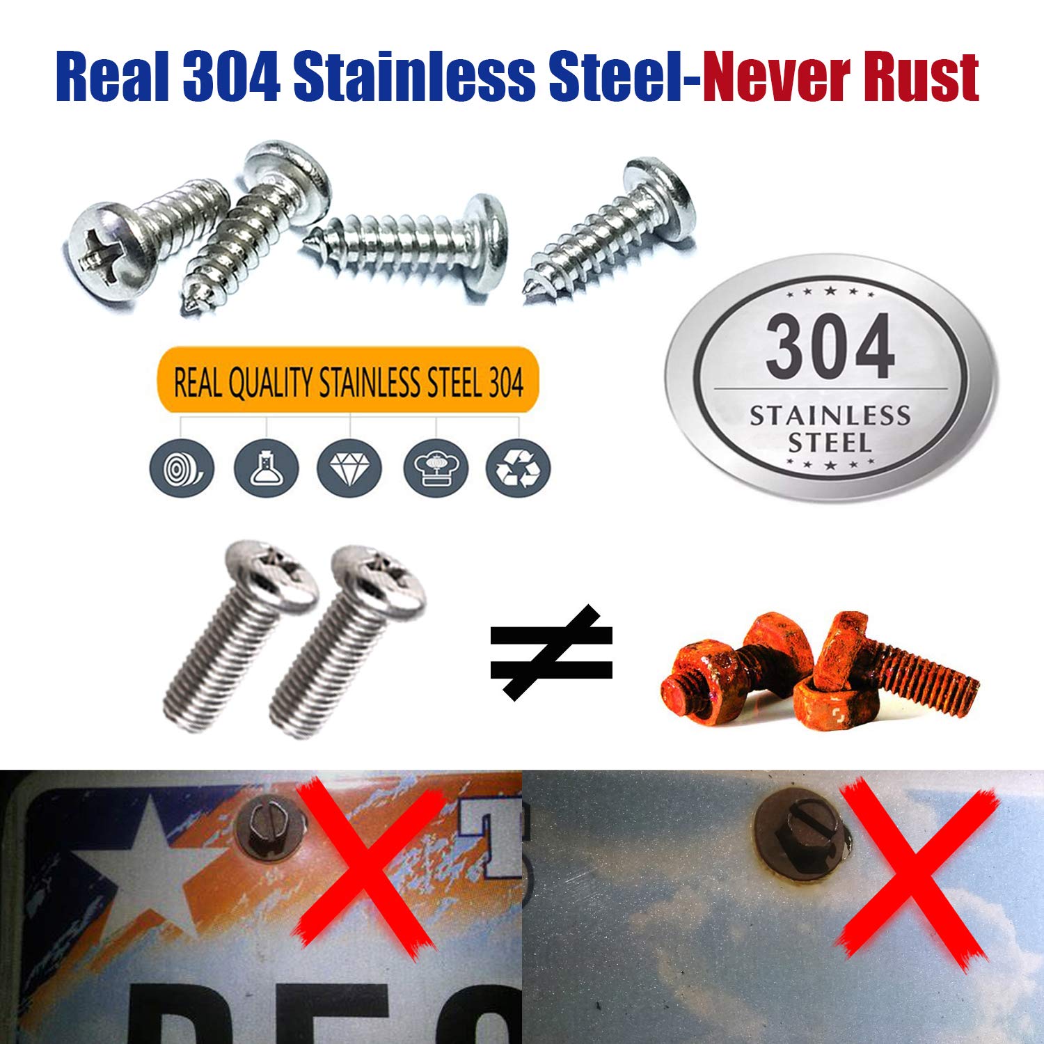 YoUoY Stainless Steel License Plate Screws with Carbon Fiber Caps for Front/Rear Car Tags